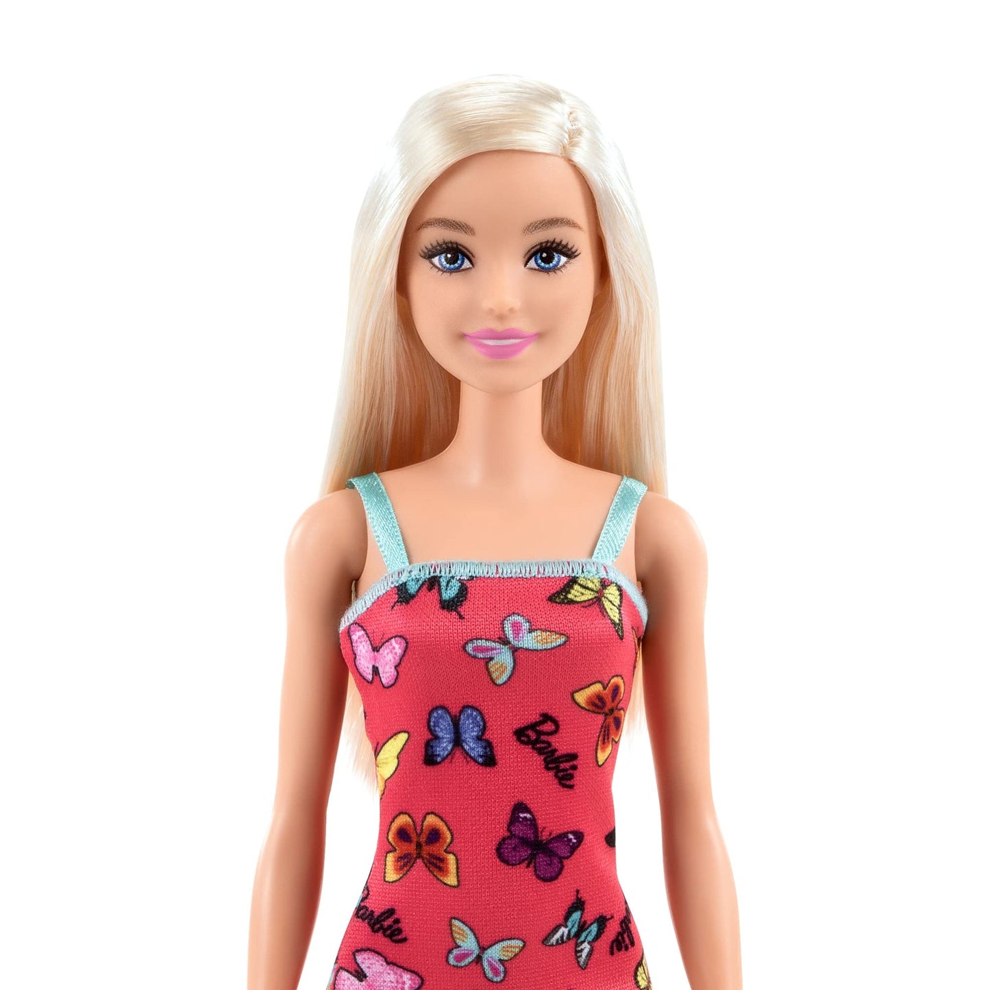 Barbie Doll (11.5 inches) with Colorful Butterfly Logo Print Red Dress & Strappy Heels, Great Gift for Ages 3 Years Old & Up