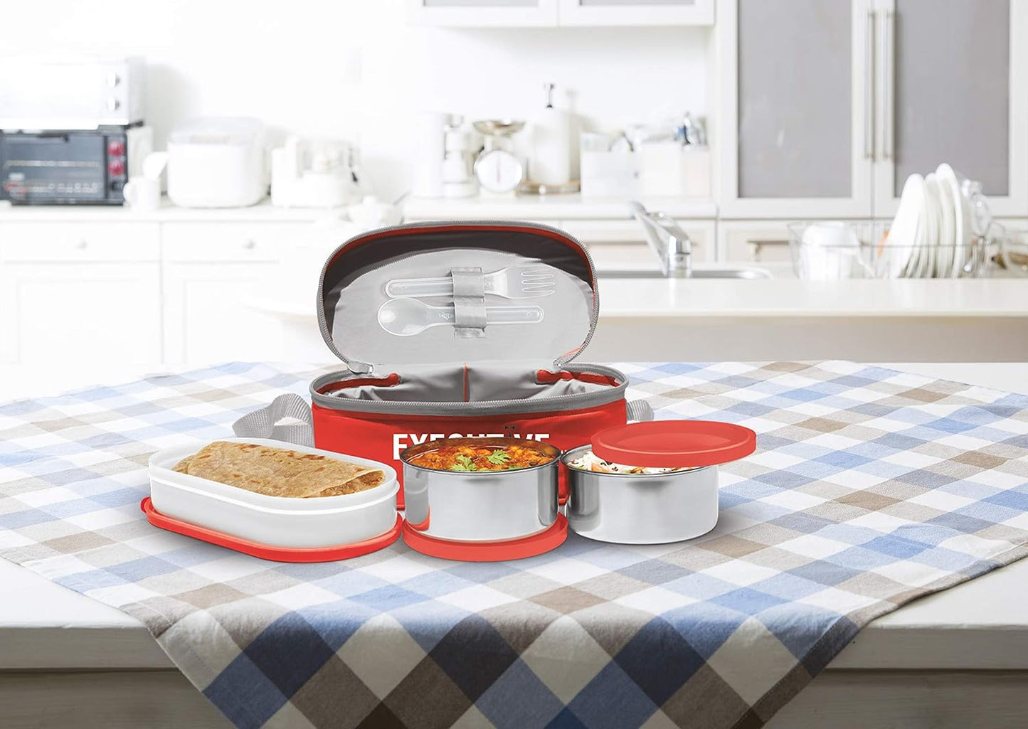 Milton Executive Lunch Insulated Tiffin, 2 Round Containers, 280 ml Each, 1 Oval Container, 450 ml, Red| Microwave Safe | Easy to Carry | Leak Proof | Insulated Tiffin | Hot Food