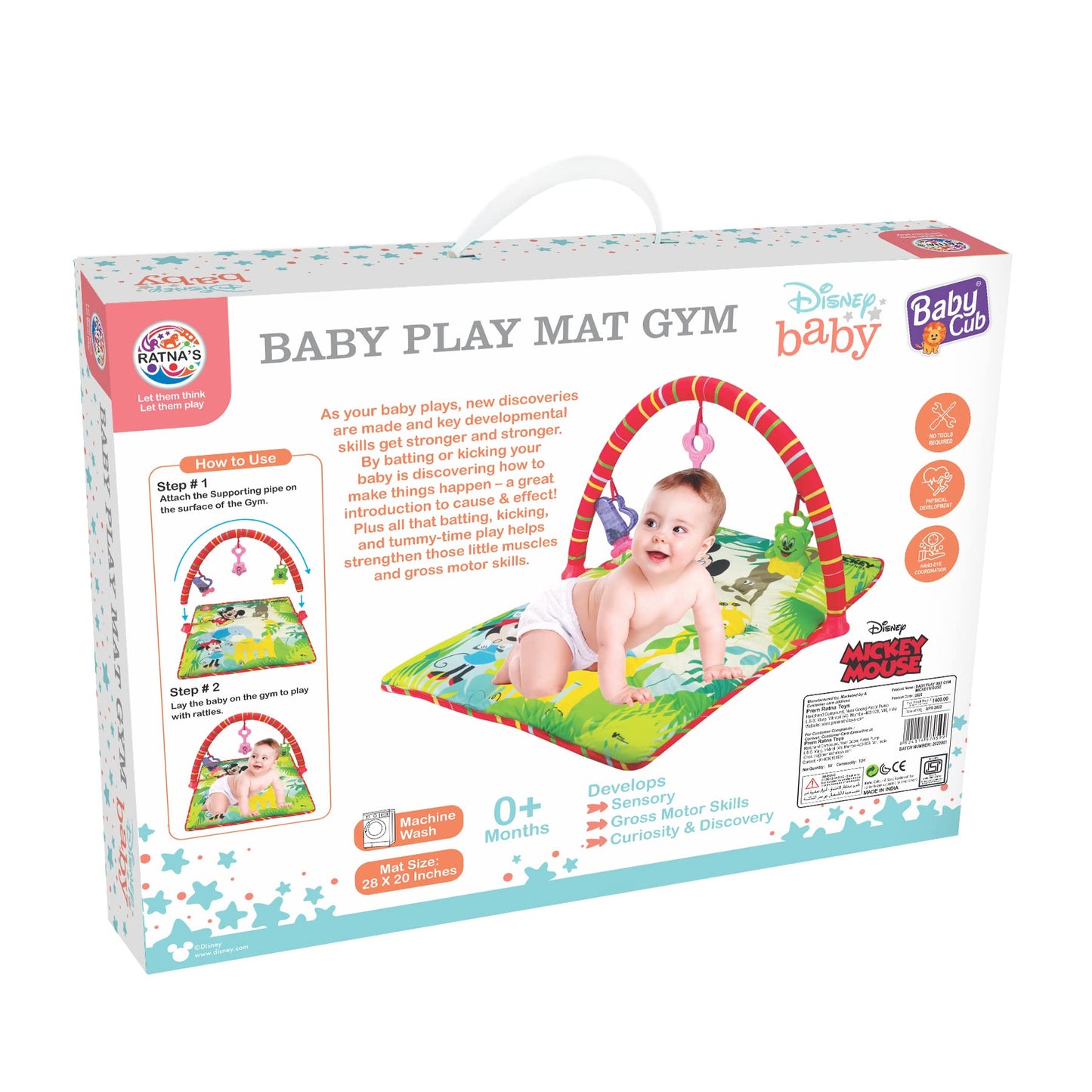 Ratna's Disney Baby Play Gym Mickey Mouse with Waterproof Soft Cozy matt Size 28 x 20 inches & Cute Hanging Toys for Infants