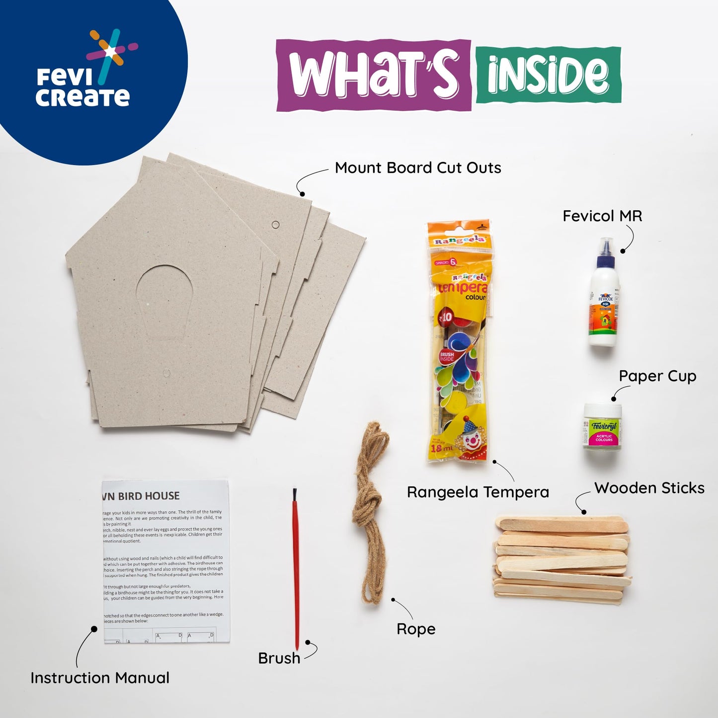 Pidilite Fevicreate Make Your Own Birdhouse art and craft kit learn birdlife in a fun way All art materials provided white acrylic colour and instruction manual Fevicol Craft bird homes Birthday gift for girls and boys 7+ years