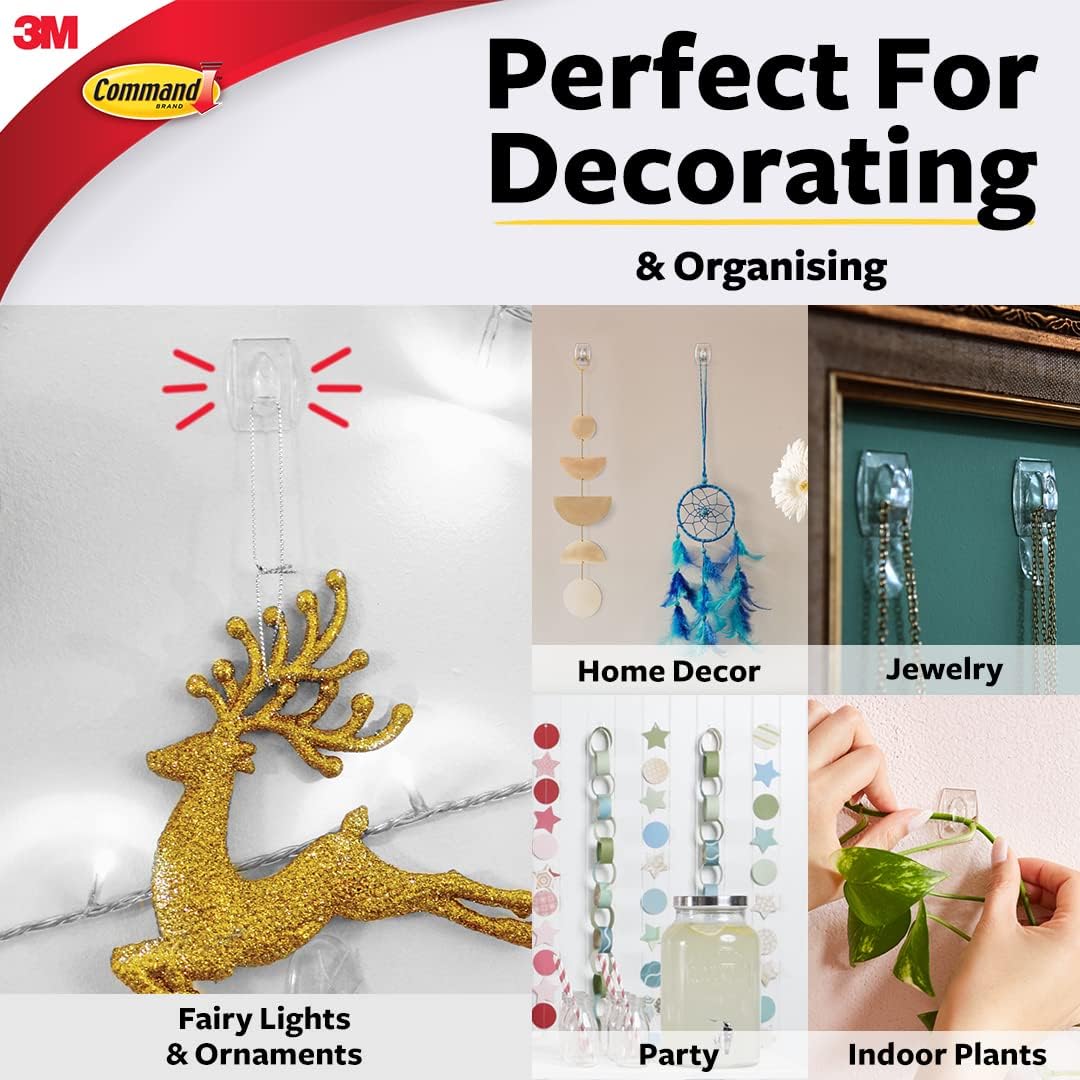 3M Command Plastic Clear Mini Wall Hooks, Up To 225Gms, Holds Strongly, Adhesive Hooks For Wall, Reusable, Multi-Surface Damage Free Hooks For Hanging Transparent, 6Hooks, 8 Strips