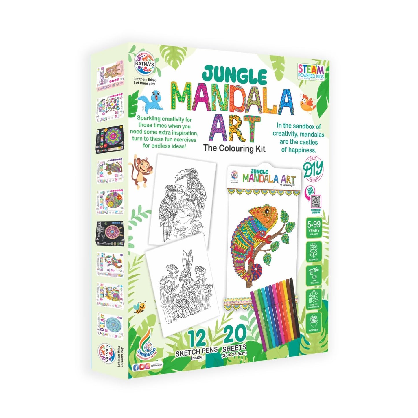 Ratna's Jungle Mandala Art Colouring Kit - 20 Sheets (35 x 27.5 cm) with 12 Sketch Pens Inside - Creative Coloring Fun for All Ages