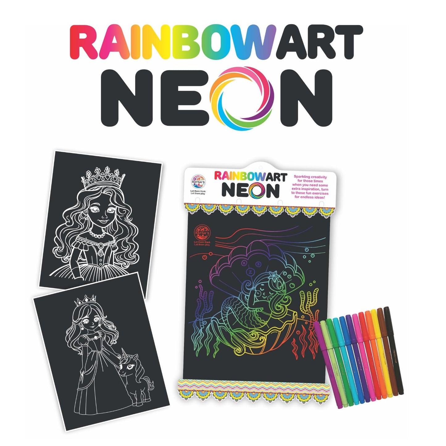 Ratna's RainbowArt Neon Colors Creative Coloring Kit with 20 Sheets and 12 Sketch Pens, 35x27.5cm Sheets - Creative Coloring Fun for All Ages