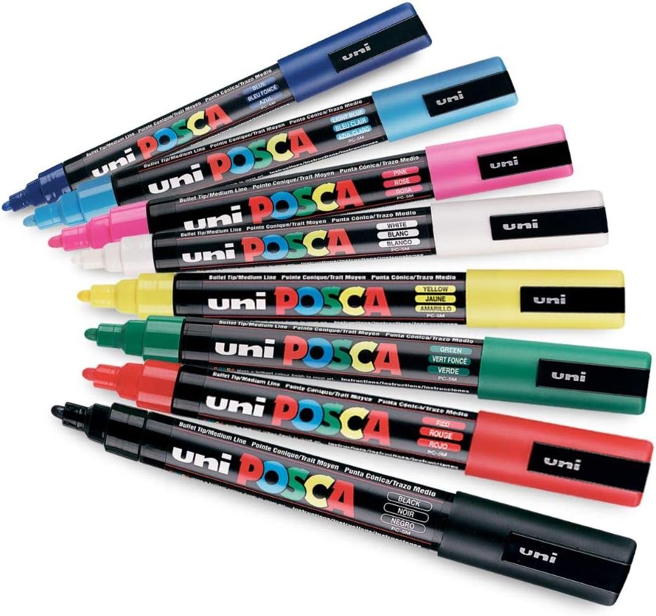 Posca uni-ball 5M 1.8-2.5 mm Bullet Shaped Paint Marker Pen | Reversible & Washable Tips | For Rocks Painting, Fabric, Wood, Canvas, Ceramic, Scrapbooking, DIY Crafts | 8 Shades, Pack of 8