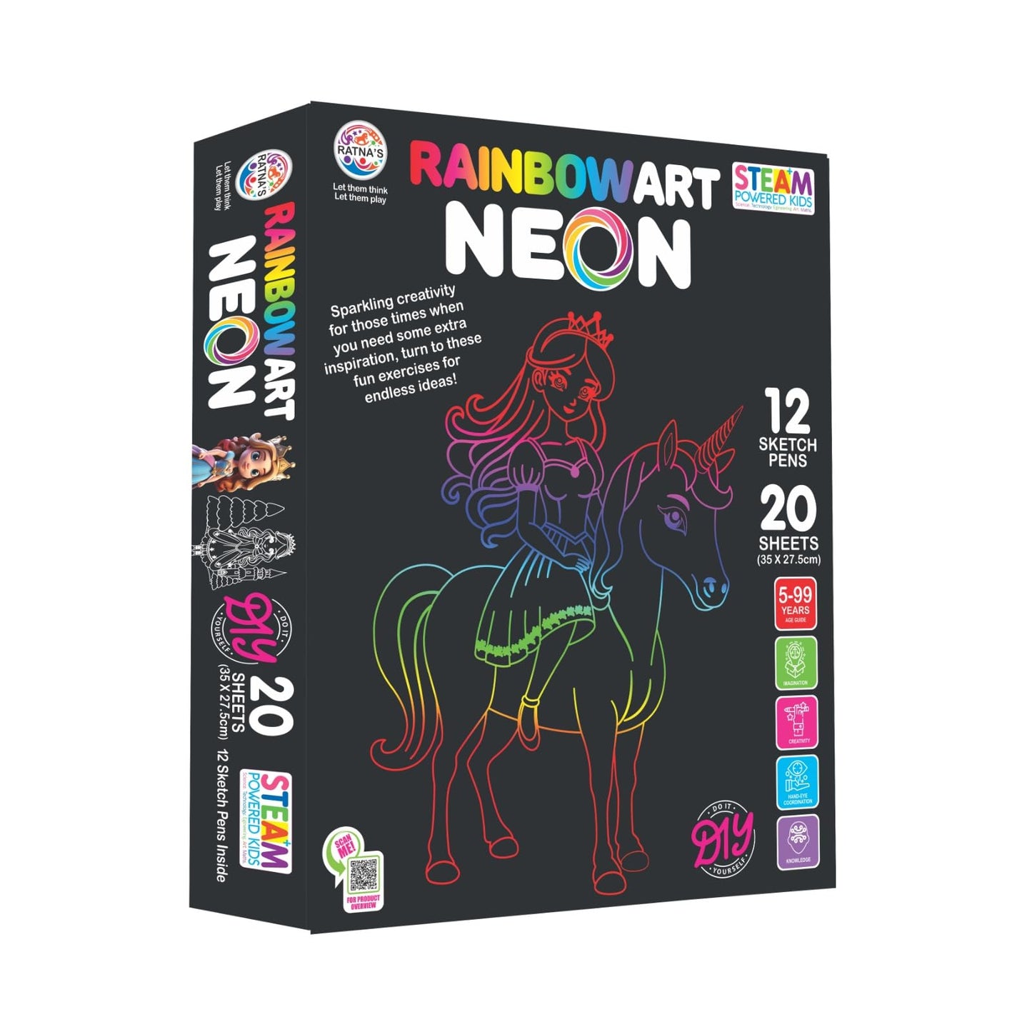 Ratna's RainbowArt Neon Colors Creative Coloring Kit with 20 Sheets and 12 Sketch Pens, 35x27.5cm Sheets - Creative Coloring Fun for All Ages