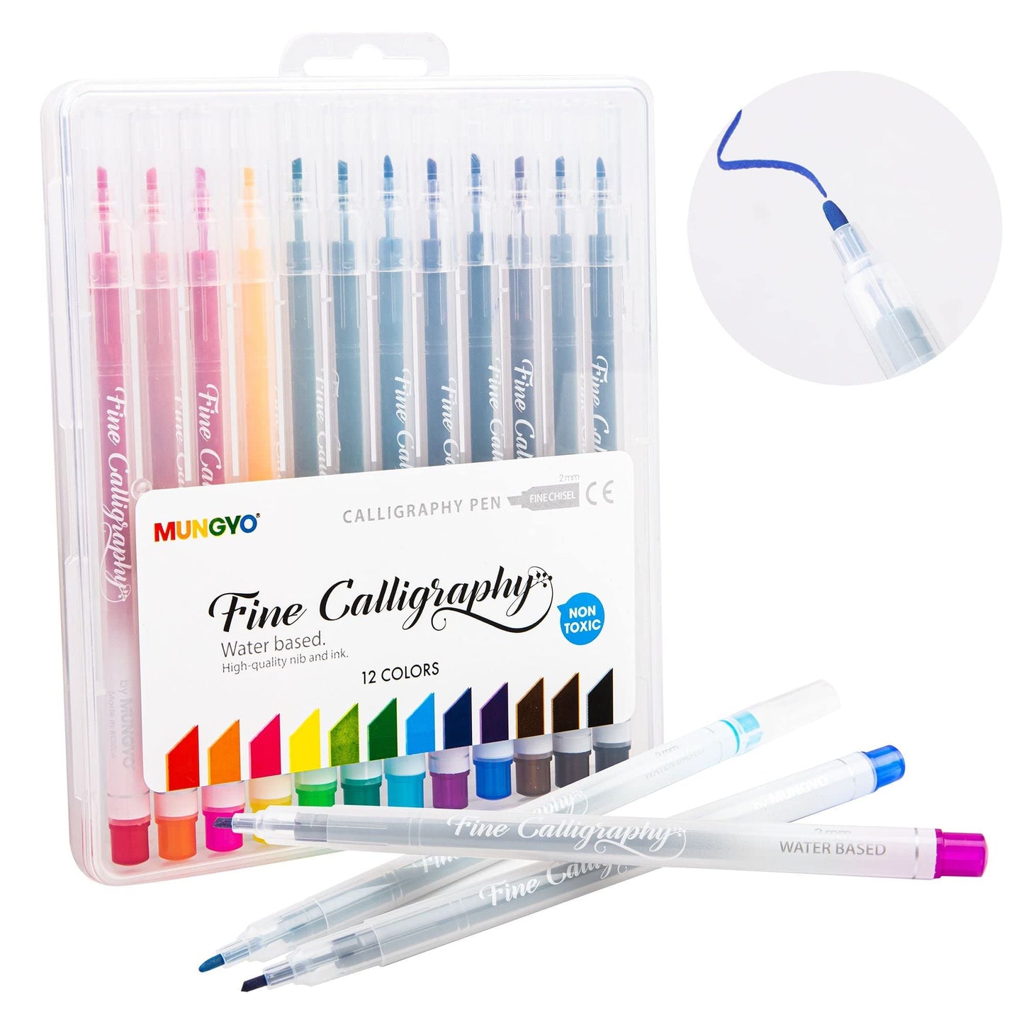 Mungyo Fine Calligraphy Chisel Pen Set of 12 Colours 2mm