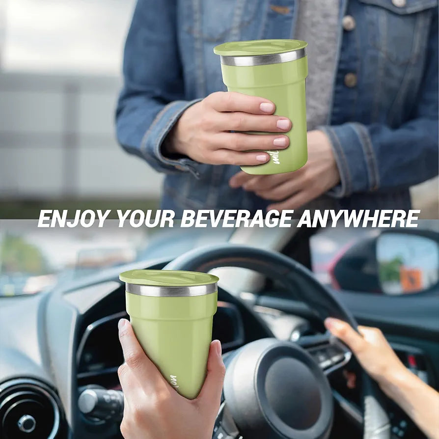 Milton Cool Touch Deccan 350 Stainless Steel Mug with Lid, 330 ml, Green, Wide Mouth for Easy Cleaning, Sturdy Handle, Hot and Cold Beverages, Flap Lid, Microwave Safe, Light Weight, BPA Free