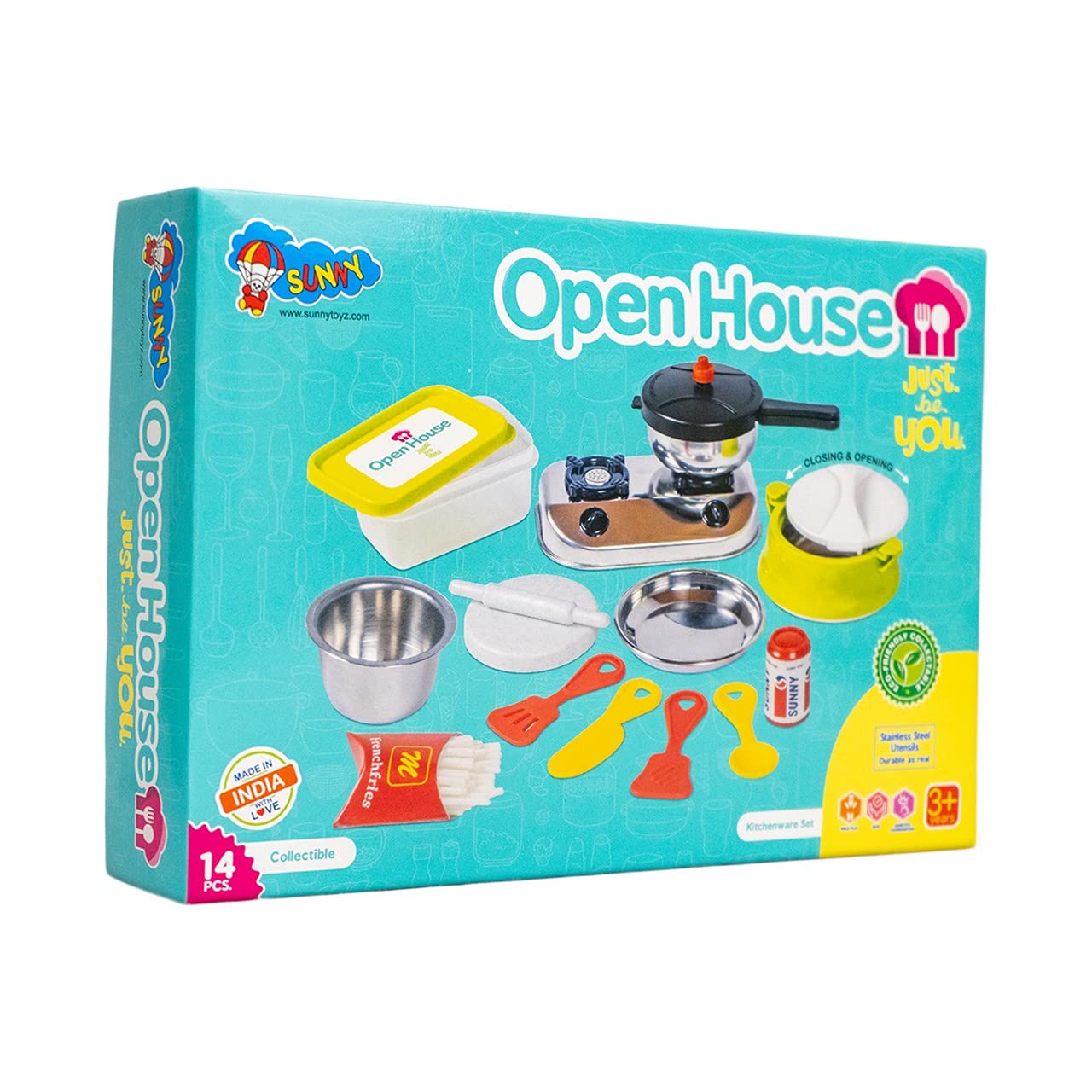 Sunny 14 pieces Open House kitchen set Mini Stainless Steel & Plastic Utensils | A perfect role play kitchen set toys for Girl kids | Certified as per Indian standards IS 9873, Safe & Durable for kids