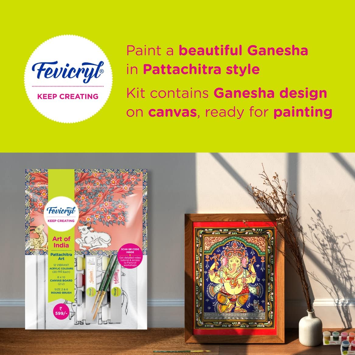 Pidilite Fevicryl DIY Self Painting Art of India Kit - Gond Art | Acrylic Paints 12 shades x 20ml Each, Set of Round Brushes (2U), Pre-Designed Canvas Board 8''x 10'' | Art and Craft for Artists, Students, Children | Best Gift for Artists