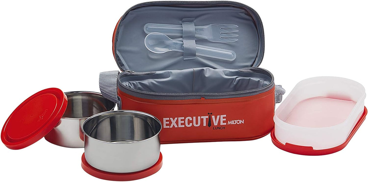 Milton Executive Lunch Insulated Tiffin, 2 Round Containers, 280 ml Each, 1 Oval Container, 450 ml, Red| Microwave Safe | Easy to Carry | Leak Proof | Insulated Tiffin | Hot Food