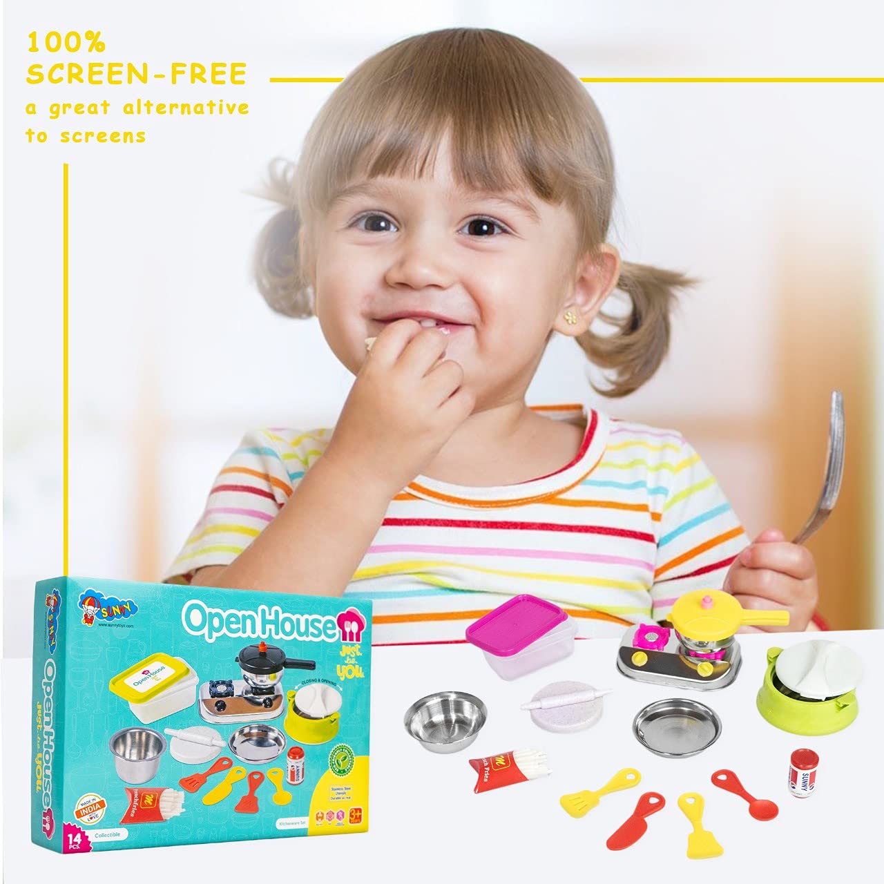 Sunny 14 pieces Open House kitchen set Mini Stainless Steel & Plastic Utensils | A perfect role play kitchen set toys for Girl kids | Certified as per Indian standards IS 9873, Safe & Durable for kids
