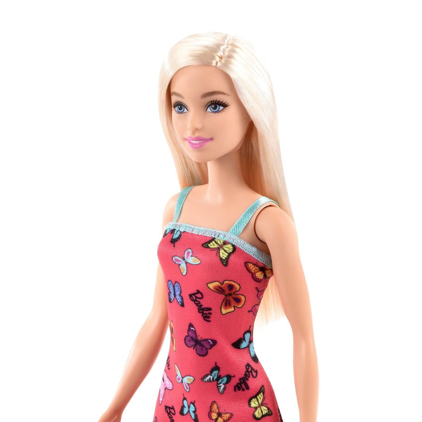 Barbie Doll (11.5 inches) with Colorful Butterfly Logo Print Red Dress & Strappy Heels, Great Gift for Ages 3 Years Old & Up