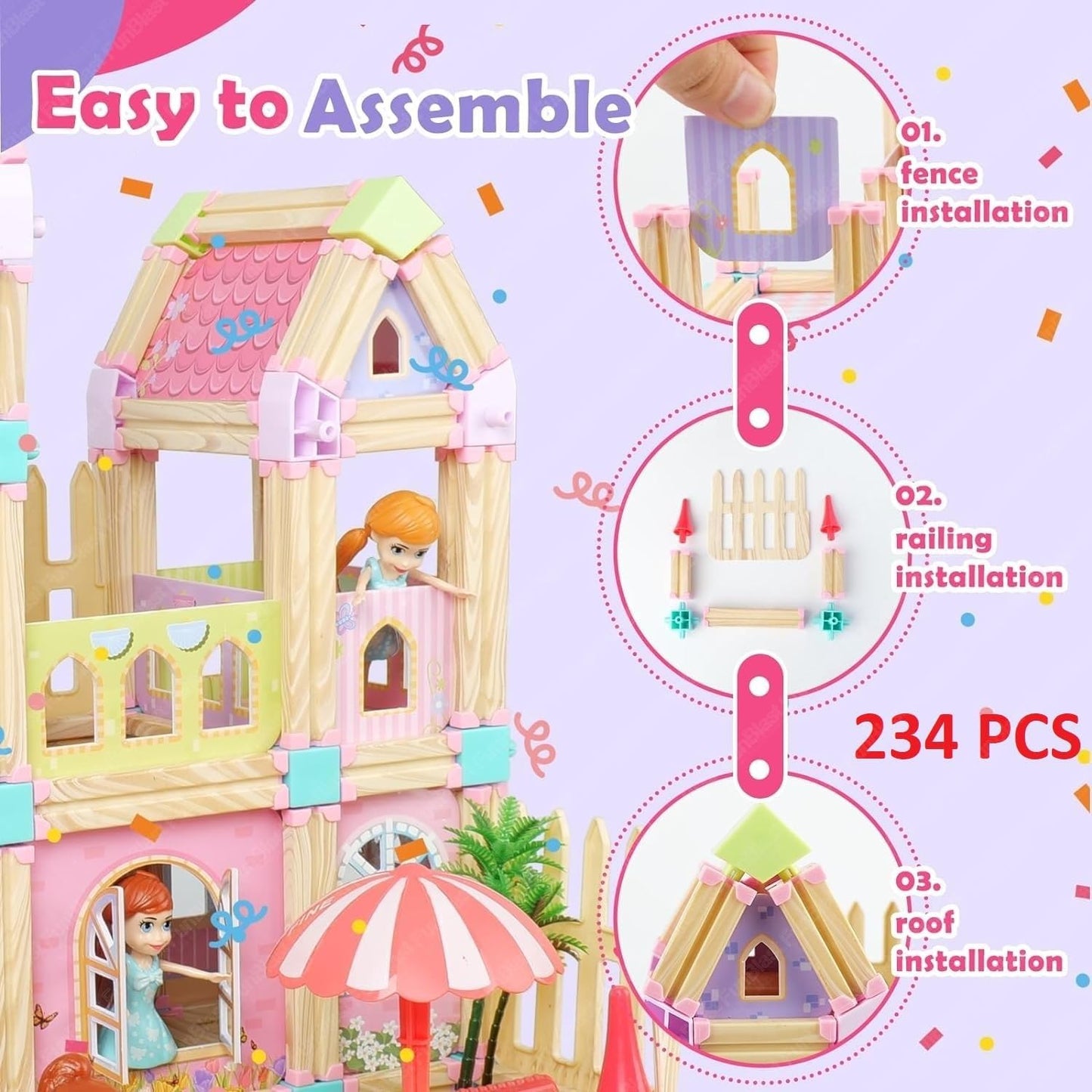 Dream House Playset for Girls, DIY Pretend Doll Mansion with Accessories - 234 Pcs Dream House Building Blocks Kit, Dream Castle for 3+ Year Old Girls, Kids, Childrens (Multicolor)