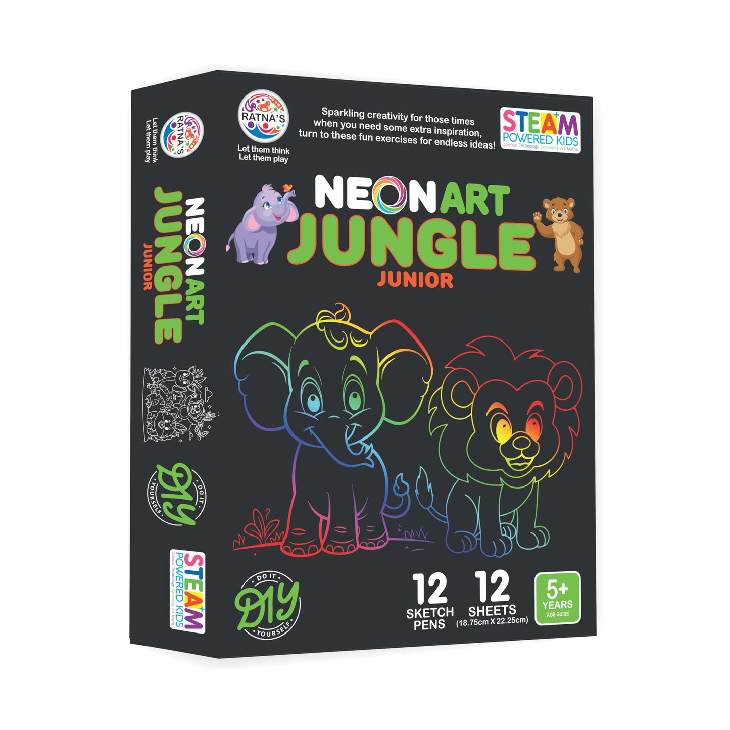 Ratna's Neon Art Jungle Junior Creative Coloring Kit with 12 Sheets (18.75 X 22.25 cm) and 12 Sketch Pens - Creative Coloring Fun for All Ages