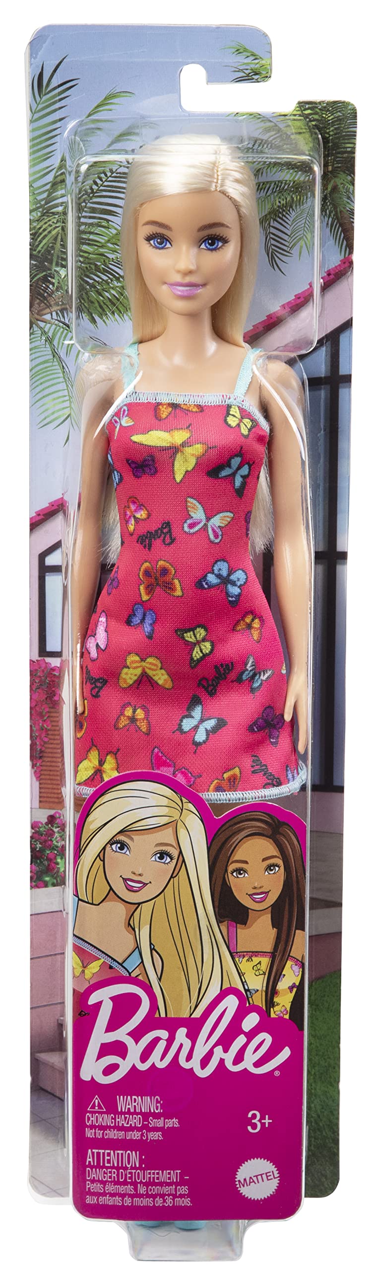 Barbie Doll (11.5 inches) with Colorful Butterfly Logo Print Red Dress & Strappy Heels, Great Gift for Ages 3 Years Old & Up