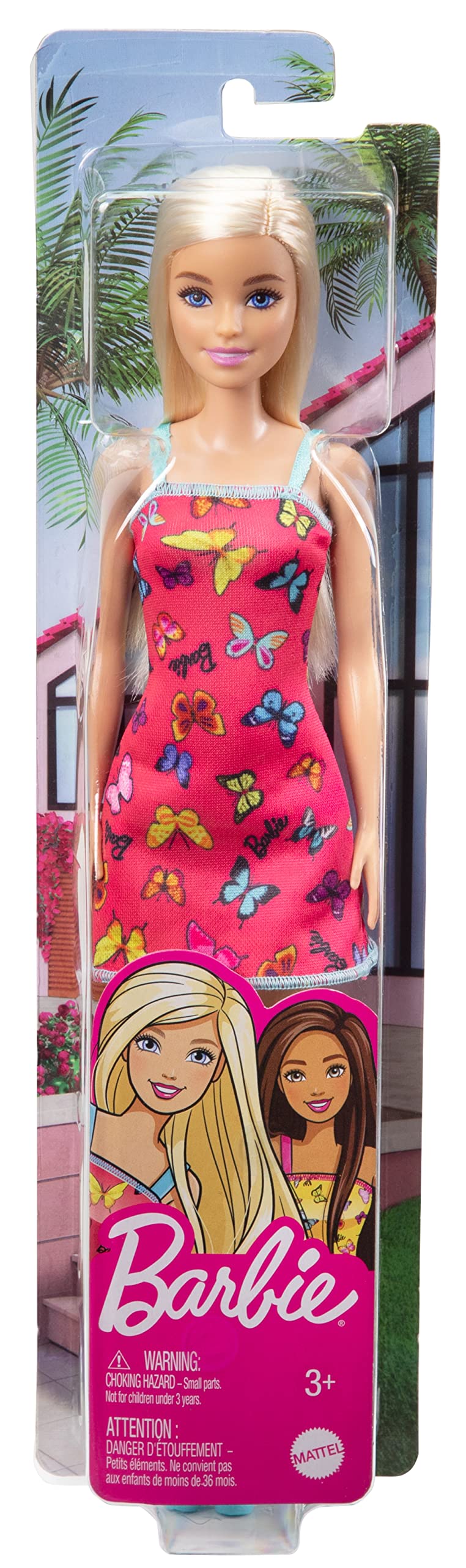 Barbie Doll (11.5 inches) with Colorful Butterfly Logo Print Red Dress & Strappy Heels, Great Gift for Ages 3 Years Old & Up
