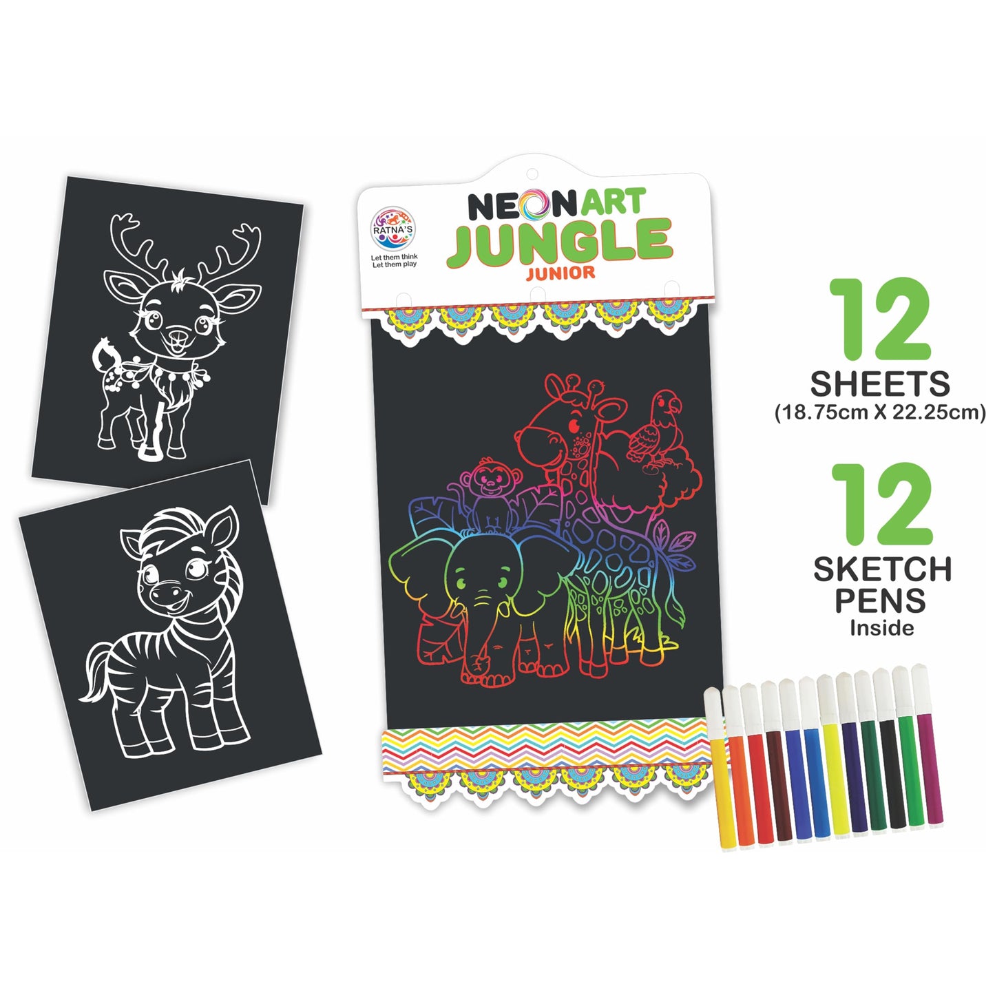 Ratna's Neon Art Jungle Junior Creative Coloring Kit with 12 Sheets (18.75 X 22.25 cm) and 12 Sketch Pens - Creative Coloring Fun for All Ages