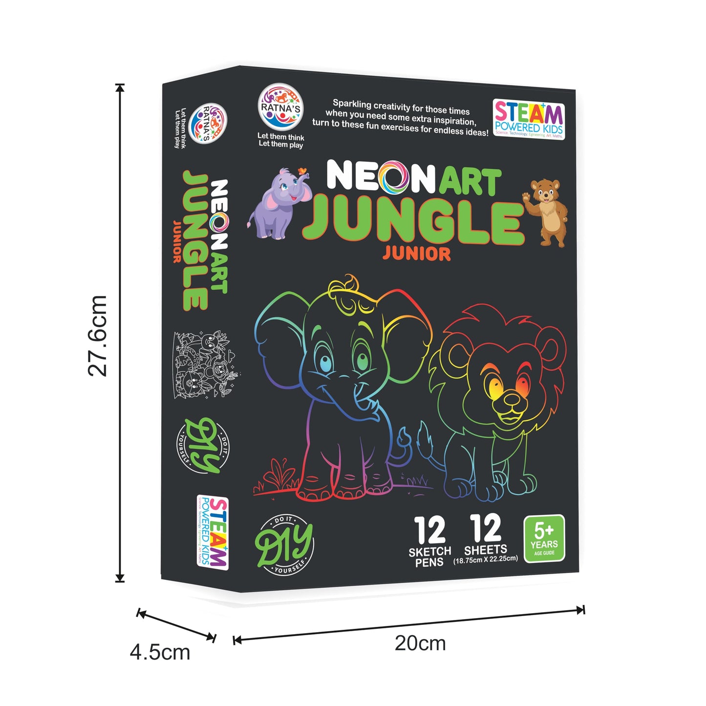 Ratna's Neon Art Jungle Junior Creative Coloring Kit with 12 Sheets (18.75 X 22.25 cm) and 12 Sketch Pens - Creative Coloring Fun for All Ages