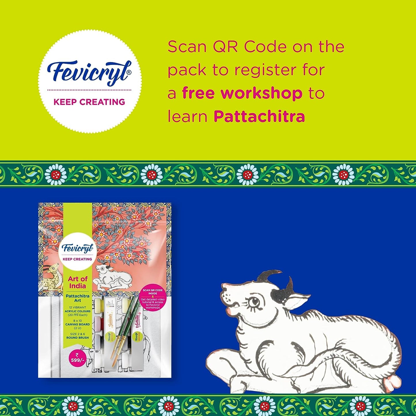 Pidilite Fevicryl DIY Self Painting Art of India Kit - Gond Art | Acrylic Paints 12 shades x 20ml Each, Set of Round Brushes (2U), Pre-Designed Canvas Board 8''x 10'' | Art and Craft for Artists, Students, Children | Best Gift for Artists