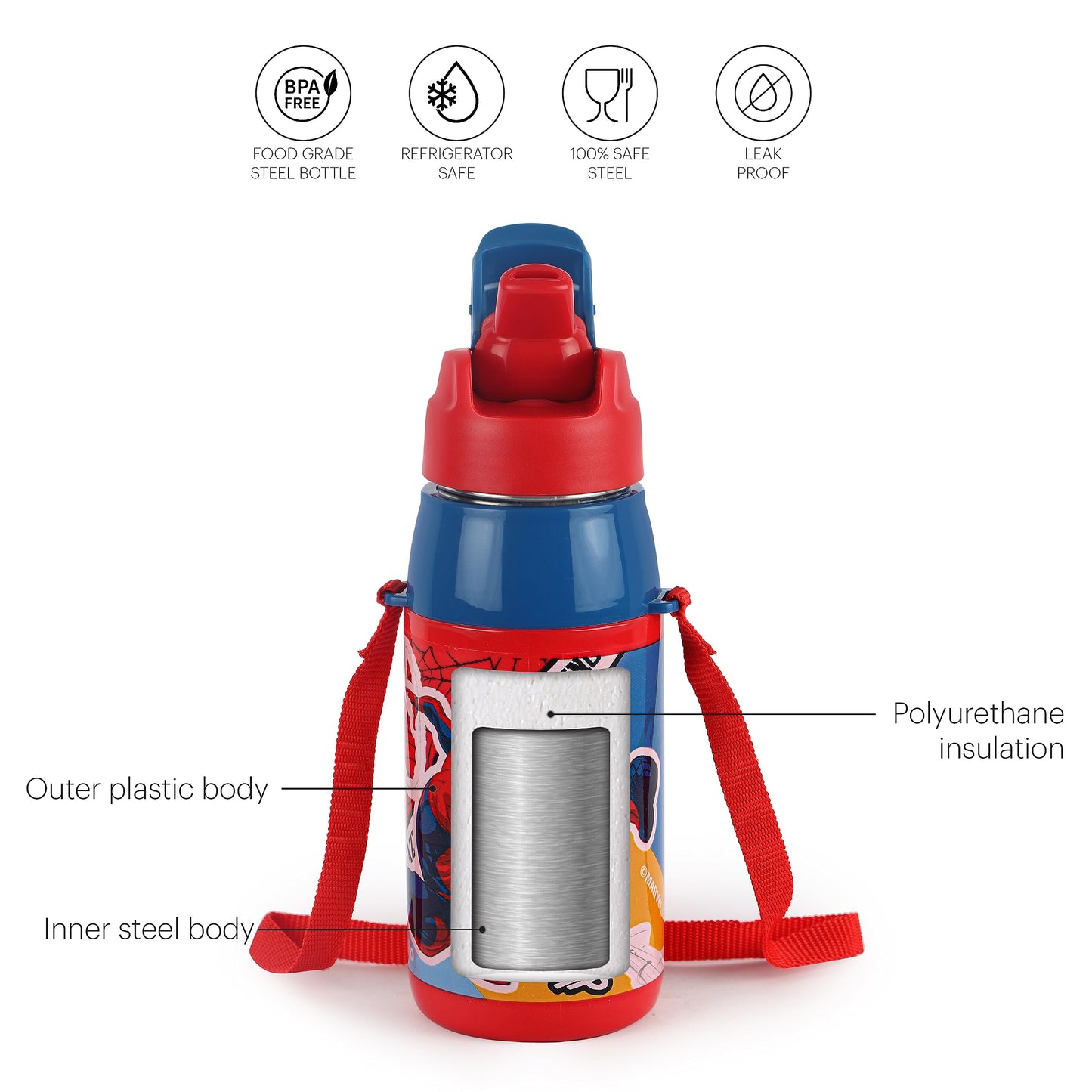 CELLO Puro Steel-X Hydra Kid 400 Water Bottle | PU Insulation | School Bottle | Picnic Bottle | Cold Insulation | Leak Proof | Kids Bottle | Easy to Carry | Spiderman Print | 400ml | Red
