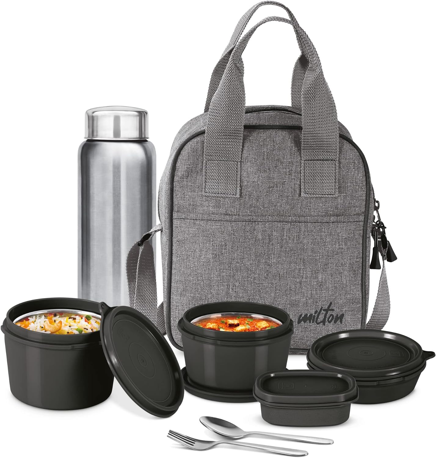 Milton Savor Lunch Tiffin (3 Microwave Safe Inner Steel Containers, 180/320/450 ml; 1 Plastic Chutney Dabba,100ml; 1 Aqua Steel Bottle, 750ml, Steel Spoon and Fork) With Insulated Fabric Jacket - Black