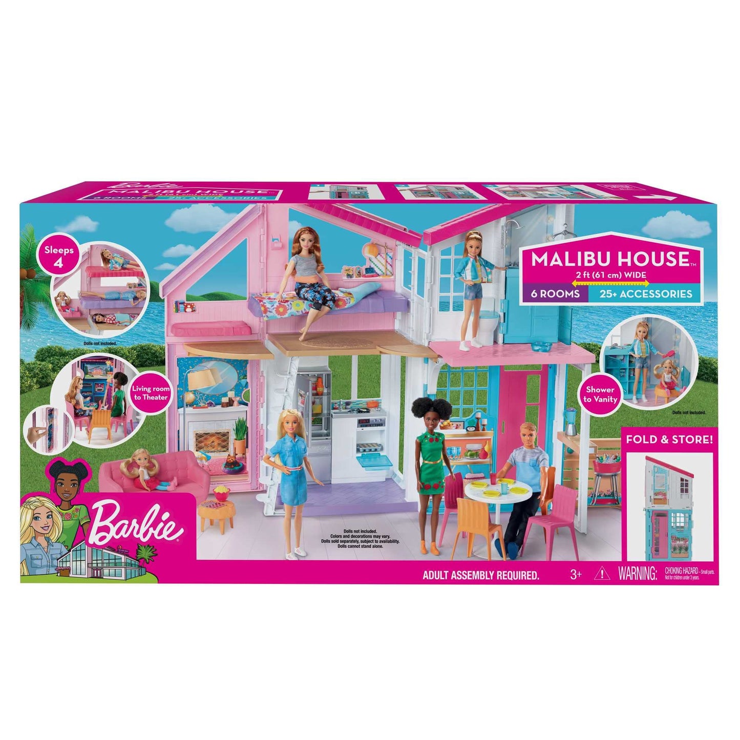Barbie Malibu House 2-Story, 6-Room Dollhouse with Transformation Features, Plus 25+ Pieces Including Furniture, Patio Fence and Accessories