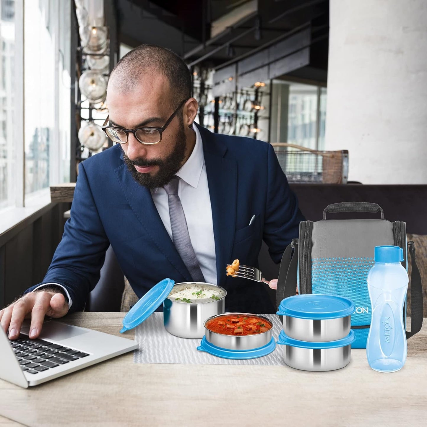 Milton Tasty 4 Stainless Steel Combo Lunch Box With 4 Containers, (1 - 200 ml, 2 - 320 ml Each, 1 - 500 ml) and 1 Bottle, 500 ml, Blue| Leak proof | Easy to carry | Odour Proof | Food Grade | Light Weight | Easy to Clean