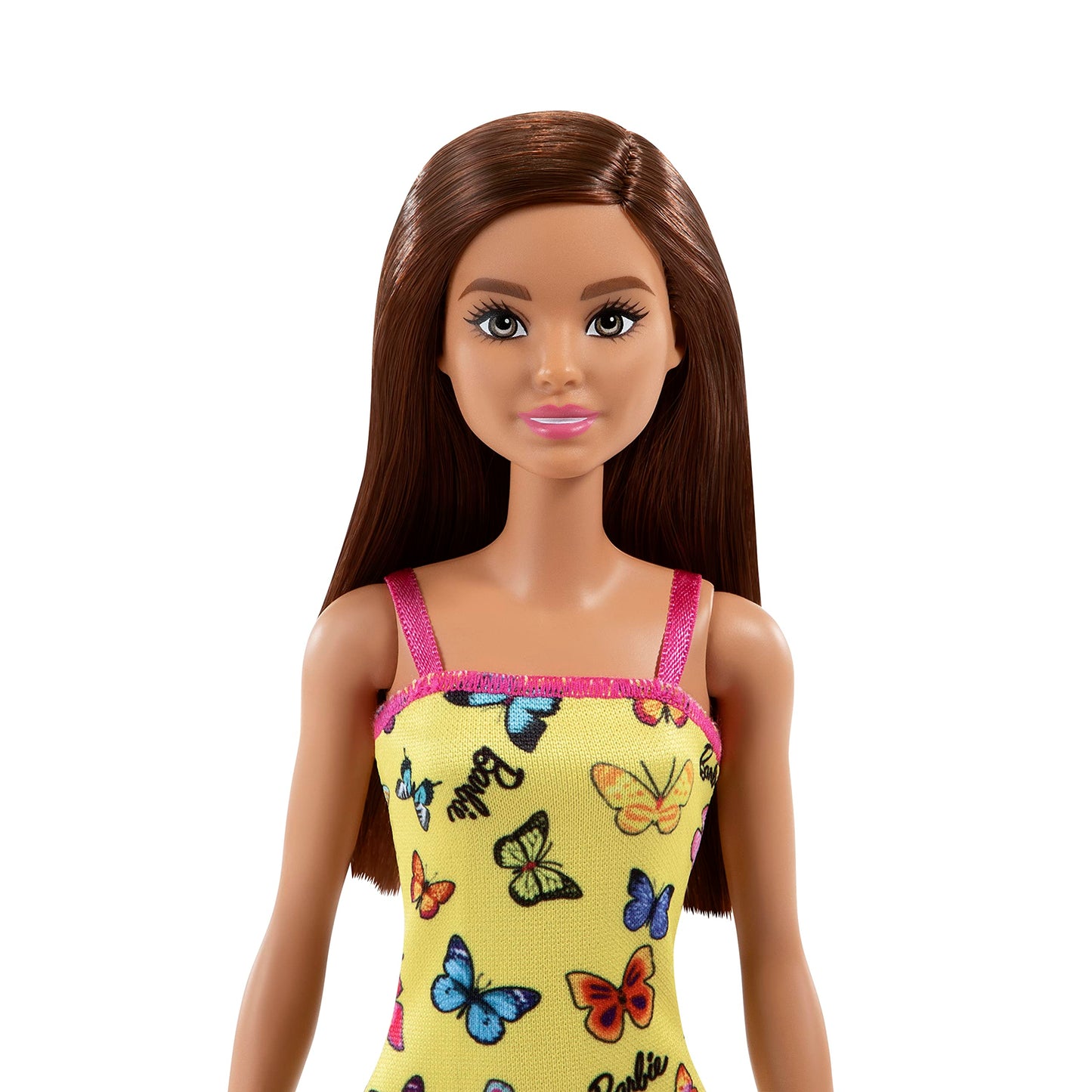 Barbie Doll (11.5 inches) with Colorful Butterfly Logo Print Yellow Dress & Strappy Heels, Great Gift for Ages 3 Years Old & Up