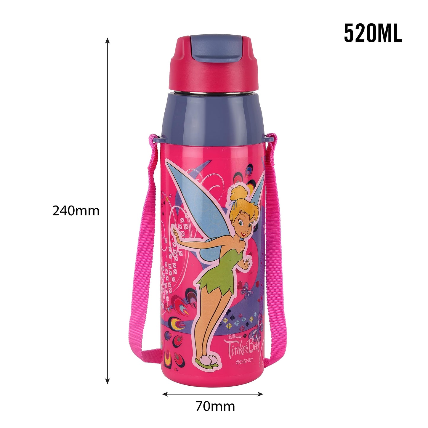CELLO Puro Steel-X Hydra Kid 600 Water Bottle | PU Insulation | School Bottle | Picnic Bottle | Cold Insulation | Leak Proof | Kids Bottle | Easy to Carry | Tinker Bell | 520ml | Pink