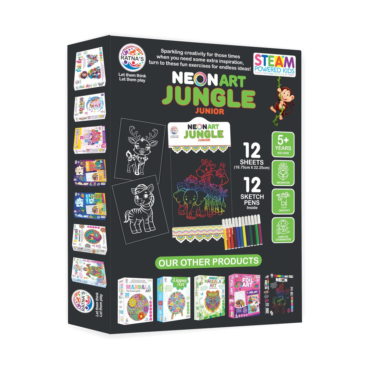 Ratna's Neon Art Jungle Junior Creative Coloring Kit with 12 Sheets (18.75 X 22.25 cm) and 12 Sketch Pens - Creative Coloring Fun for All Ages