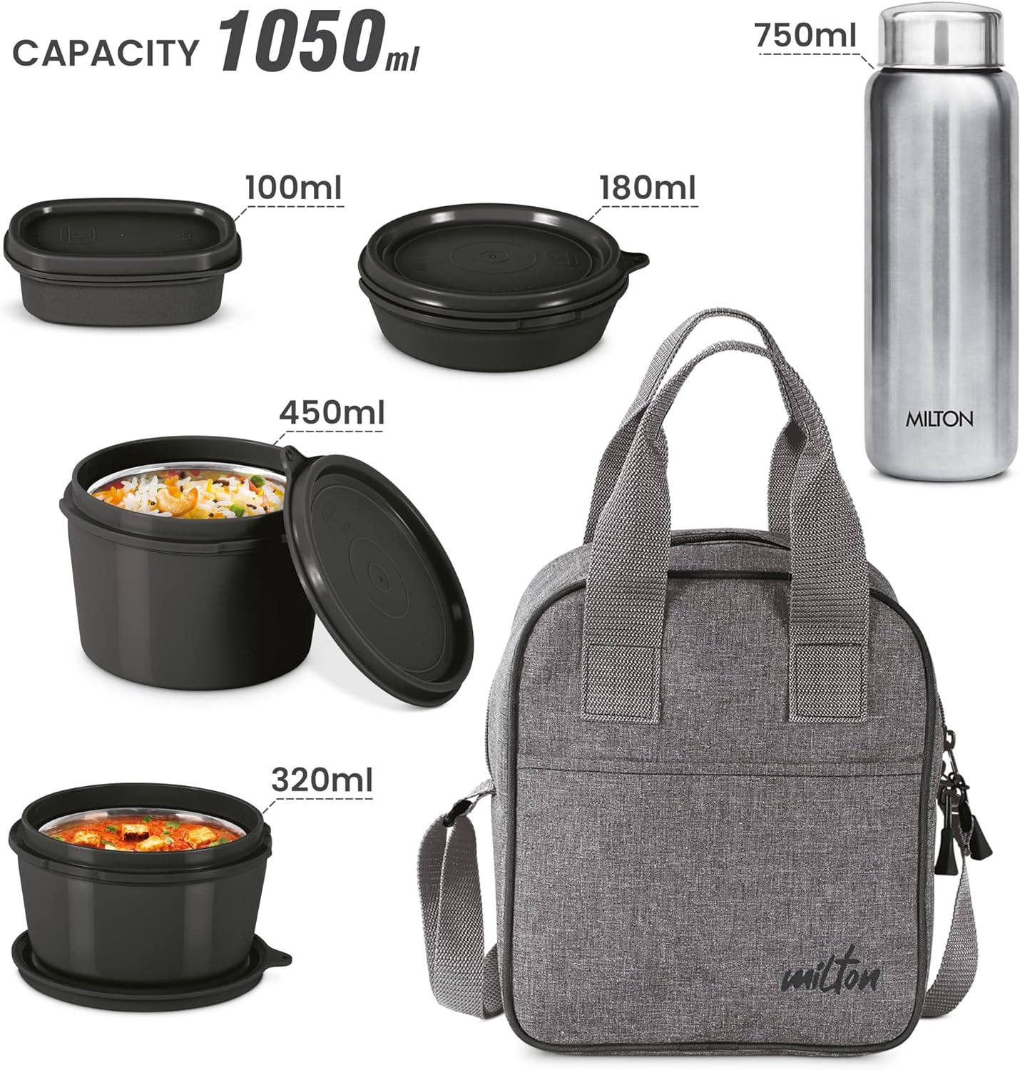 Milton Savor Lunch Tiffin (3 Microwave Safe Inner Steel Containers, 180/320/450 ml; 1 Plastic Chutney Dabba,100ml; 1 Aqua Steel Bottle, 750ml, Steel Spoon and Fork) With Insulated Fabric Jacket - Black