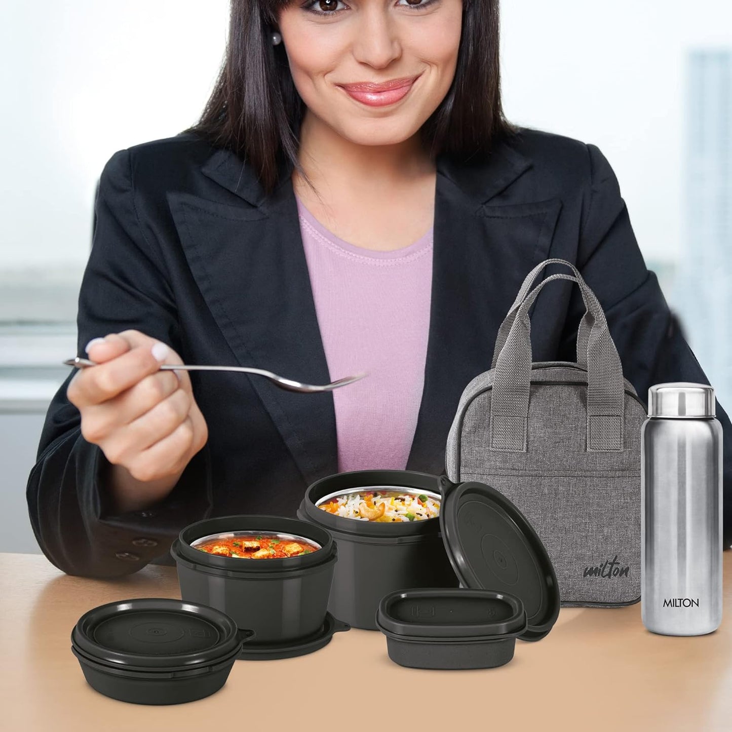 Milton Savor Lunch Tiffin (3 Microwave Safe Inner Steel Containers, 180/320/450 ml; 1 Plastic Chutney Dabba,100ml; 1 Aqua Steel Bottle, 750ml, Steel Spoon and Fork) With Insulated Fabric Jacket - Black