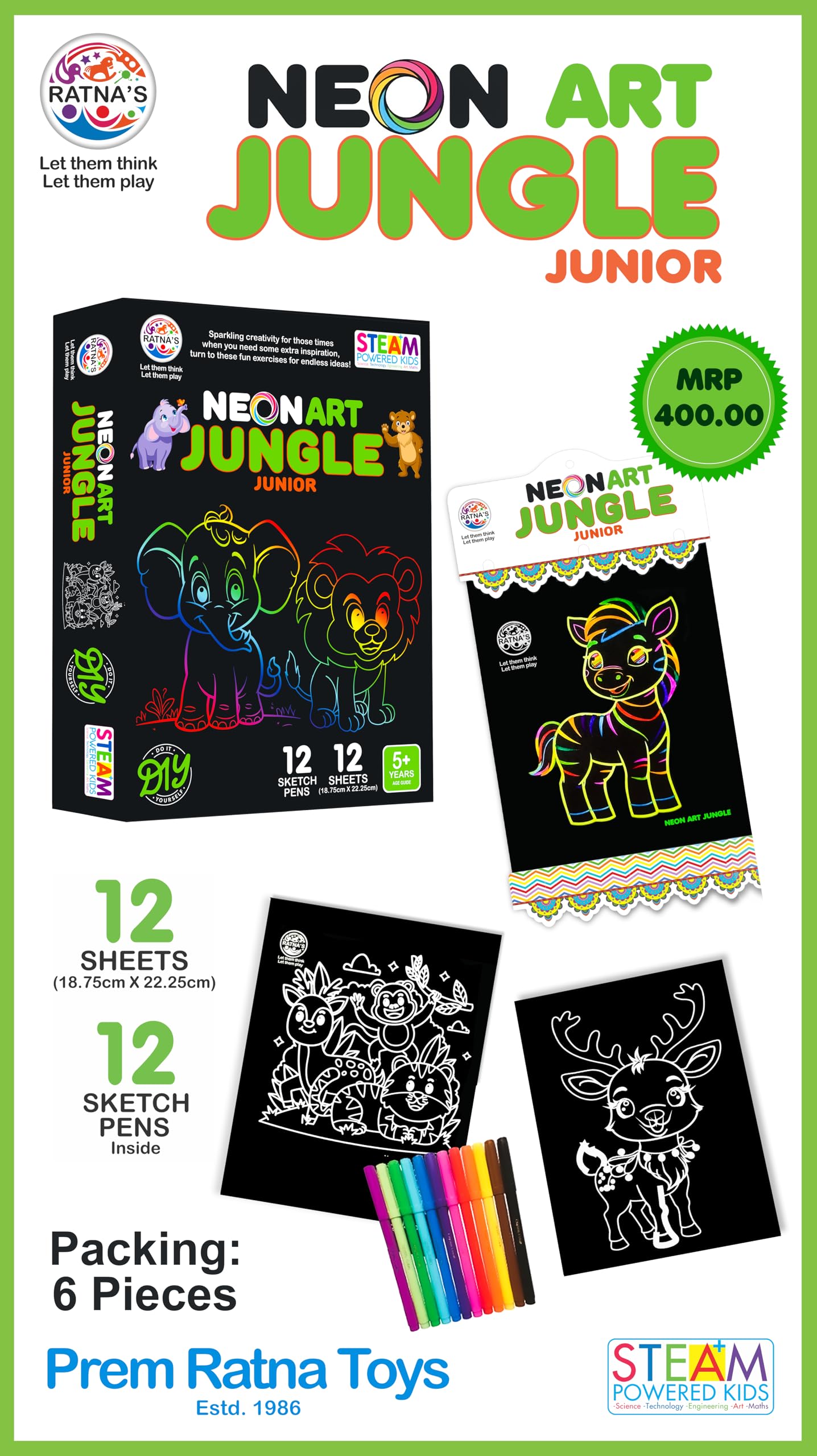 Ratna's Neon Art Jungle Junior Creative Coloring Kit with 12 Sheets (18.75 X 22.25 cm) and 12 Sketch Pens - Creative Coloring Fun for All Ages