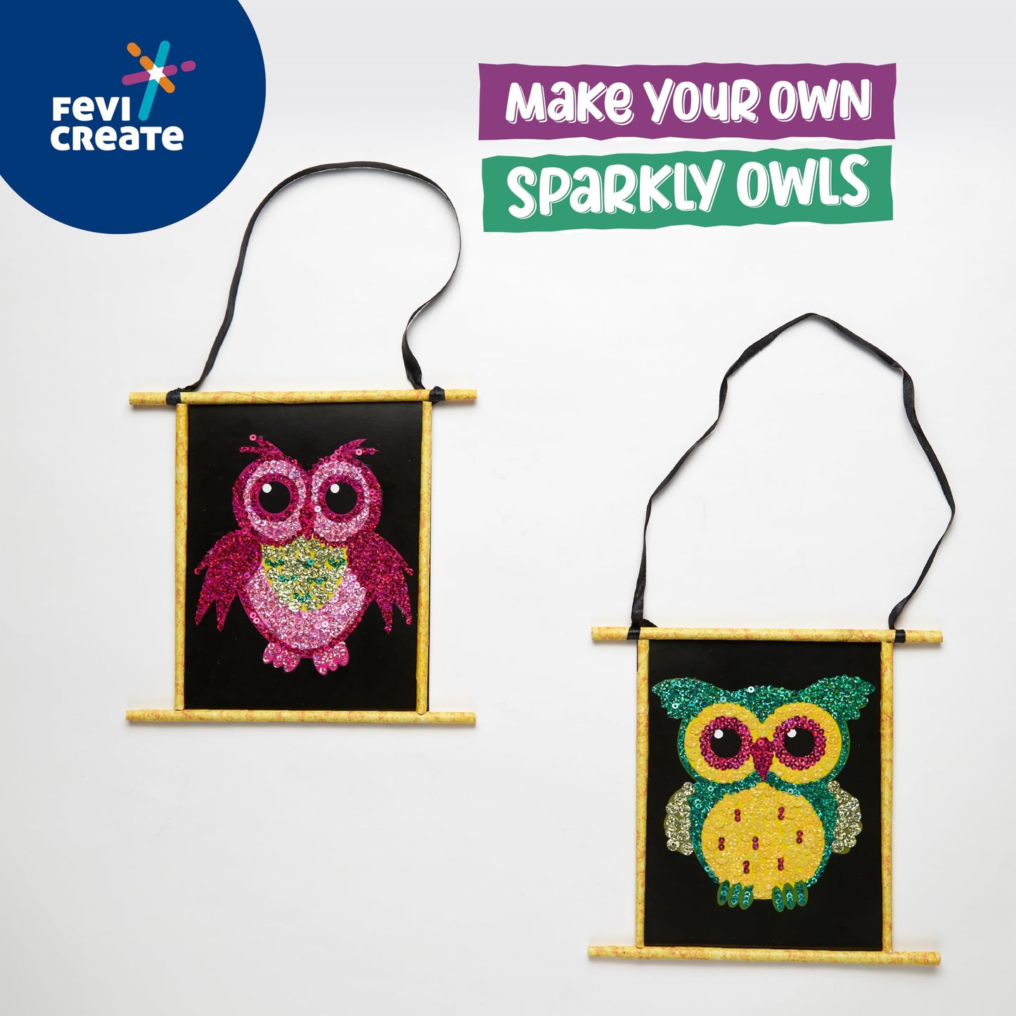 Pidilite Fevicreate DIY Sequin Art Owls Art & Craft kit Includes Printed Owl templates, Multi-Colored Sequins, Fevicol MR, Magnet Strip & More | Best Gift for Boys & Girls Age 5 Years+