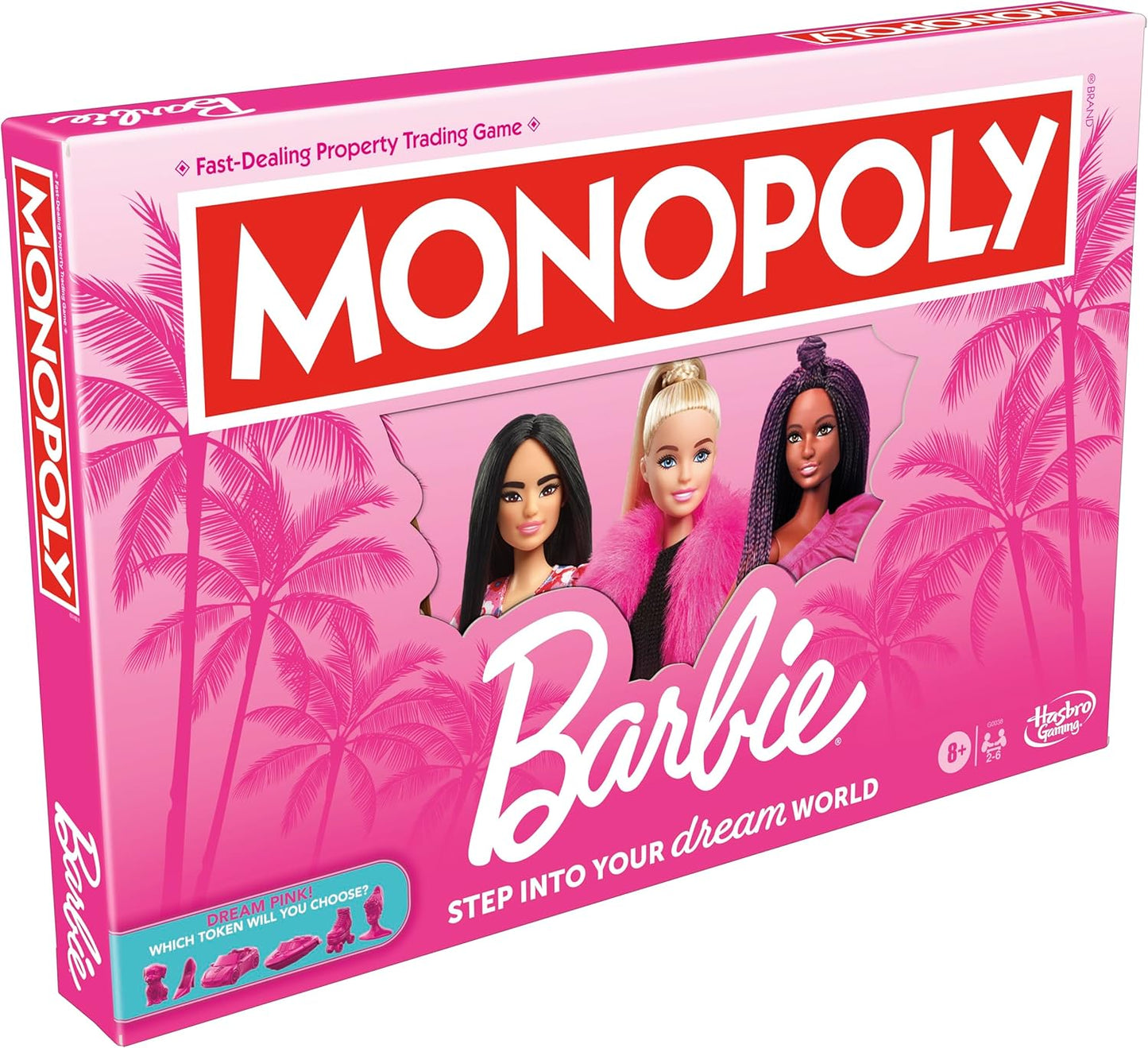 Monopoly: Barbie Edition Board Game, Ages 8+, 2-6 Players, Fun Family Games for Kids and Adults, with 6 Barbie-Themed Pink Zinc Tokens, Kids Gifts