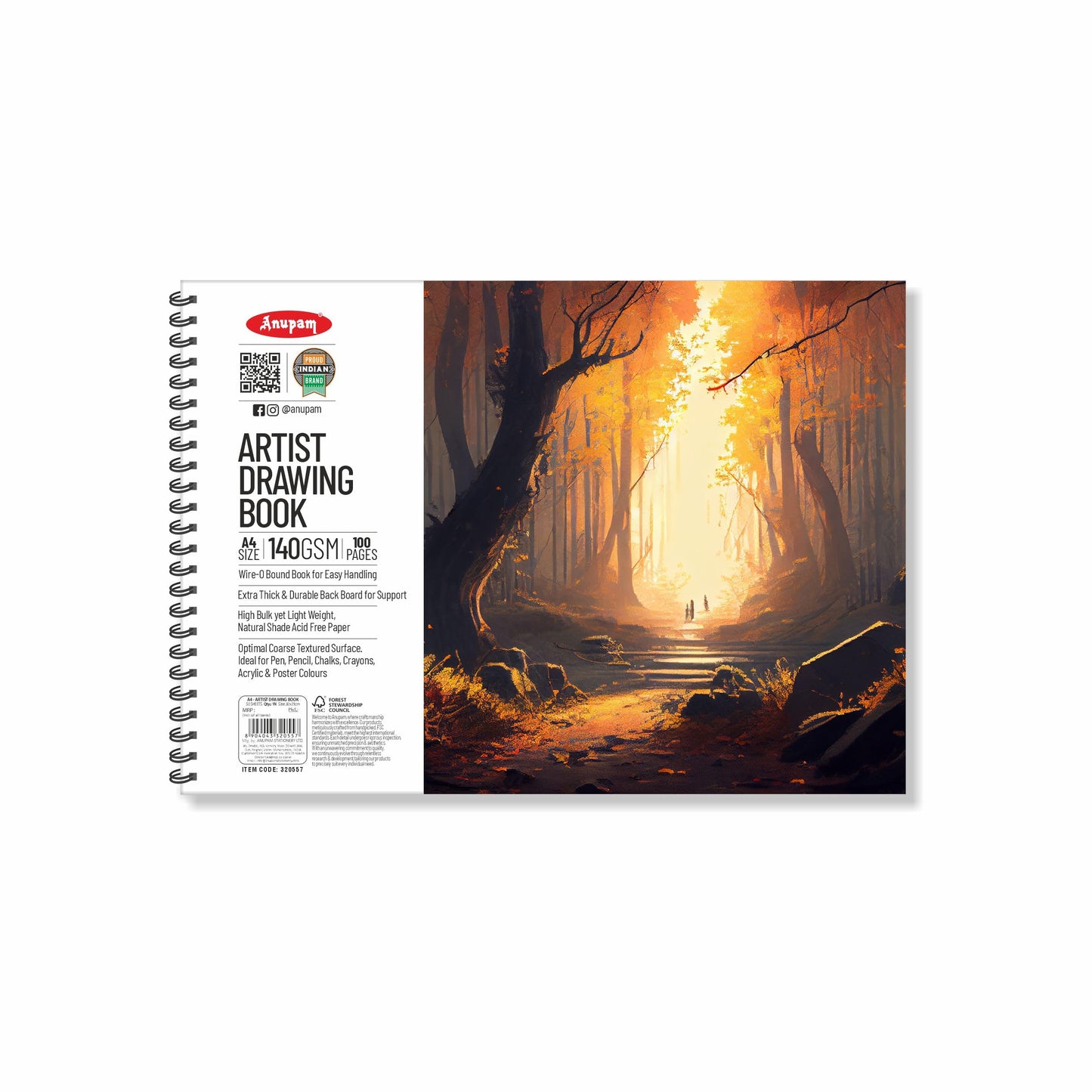 Anupam Artist Drawing Book for Sketching with Cartridge Paper for Sketching Wiro Binding 140GSM 50 Sheets, 100 Pages for Artists, Kids & Professionals for Marker Colored Pencil Charcoal Pastels (A4 Size)