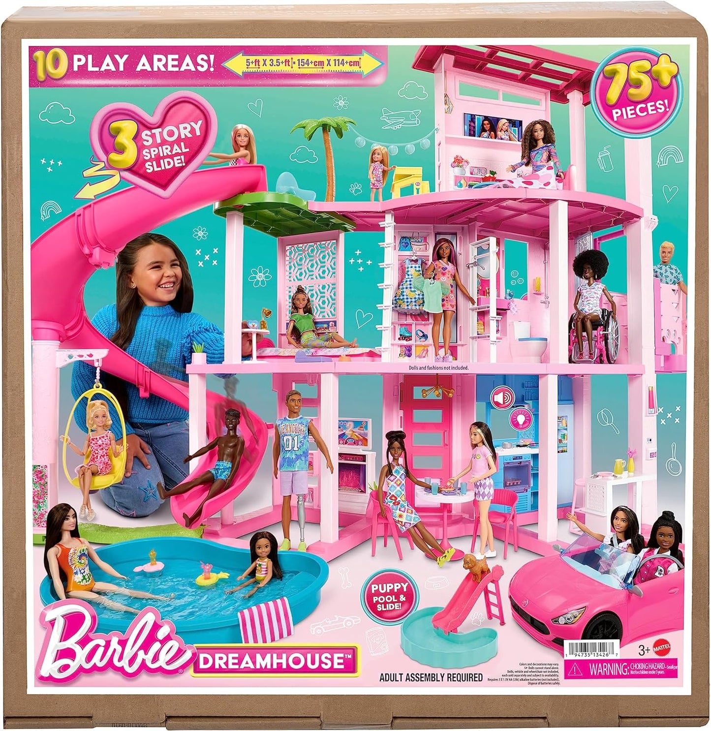 Barbie Dreamhouse Pool Party Doll House with 75+ Pieces and 3-Story Slide Pet Elevator and Puppy Play Areas