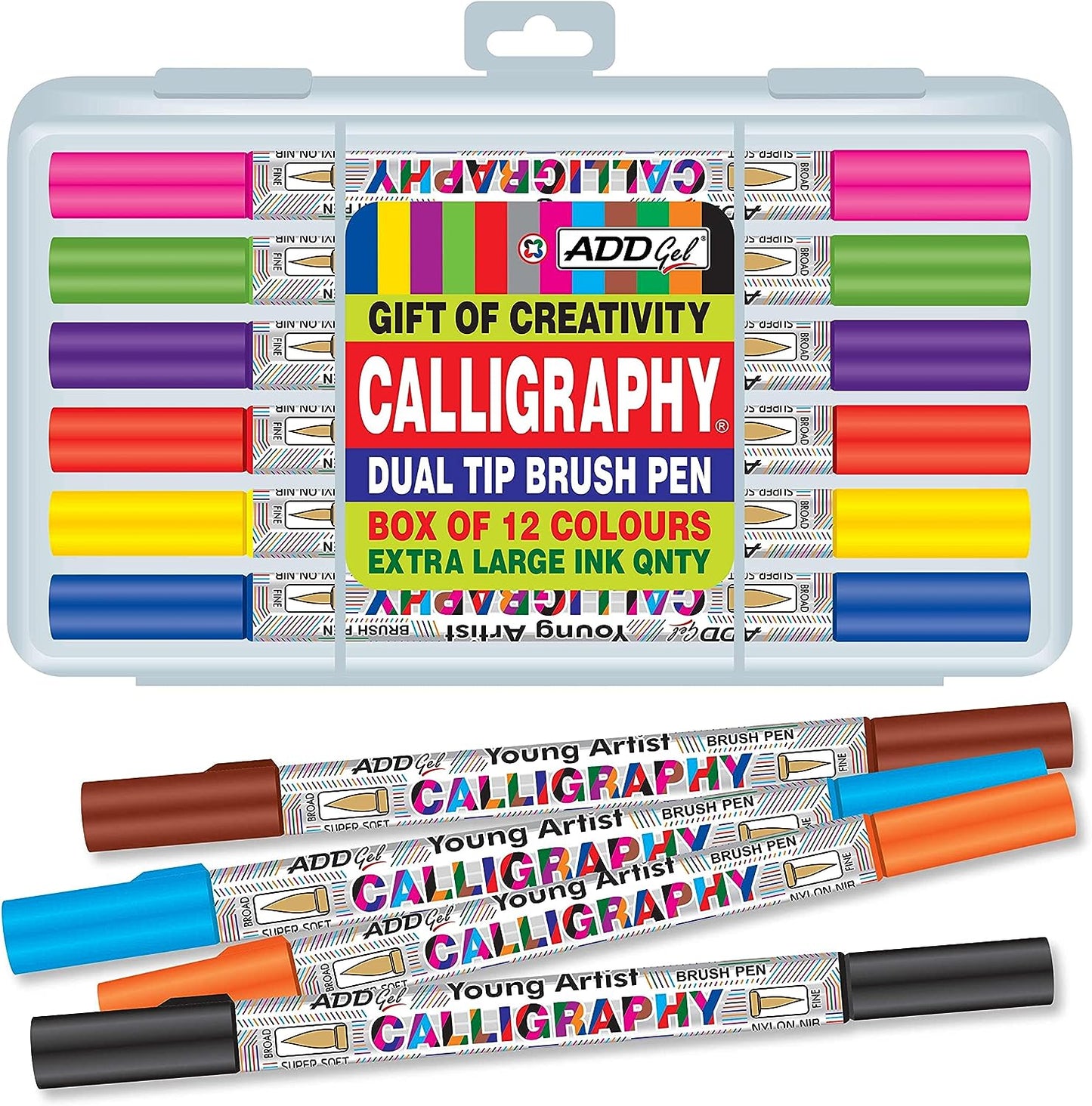 ADD Gel Calligraphy Colouring Pen-Twin Tip Brush 12 Pen Set - Multicolor