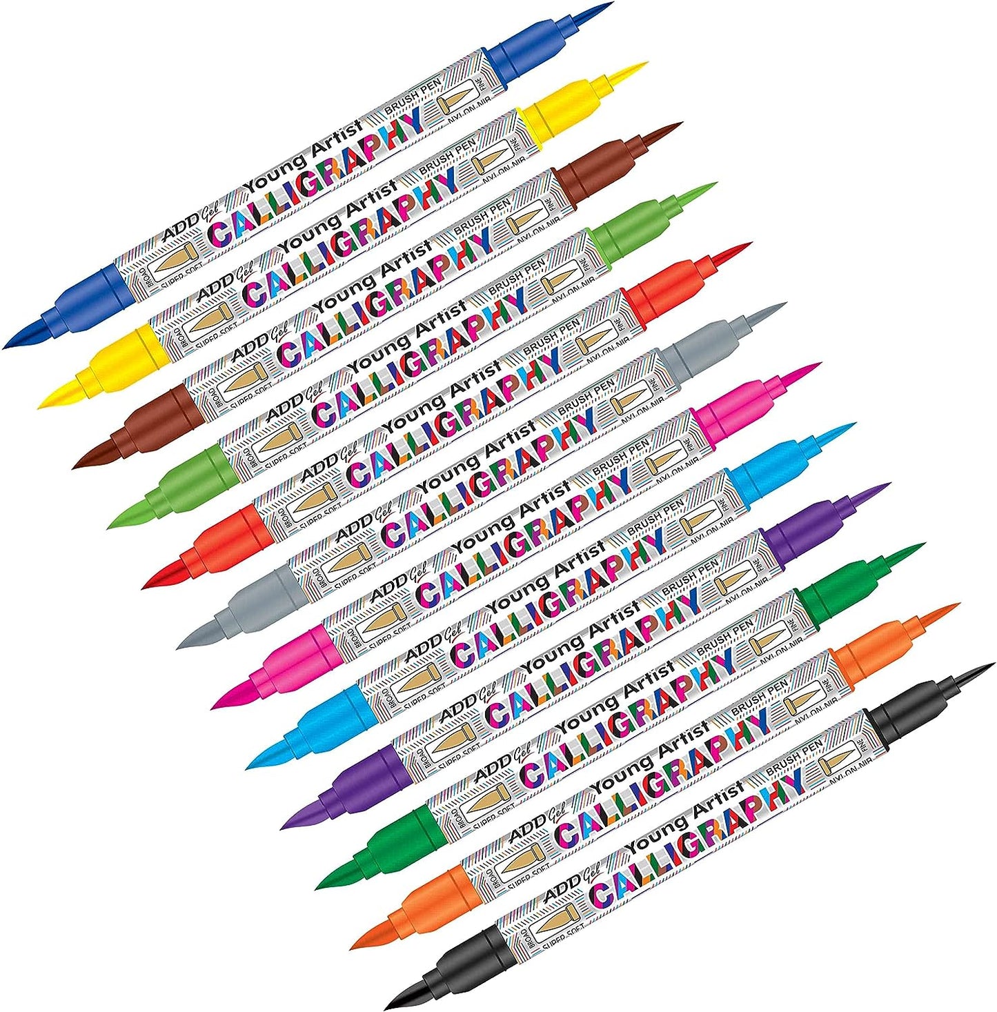 ADD Gel Calligraphy Colouring Pen-Twin Tip Brush 12 Pen Set - Multicolor