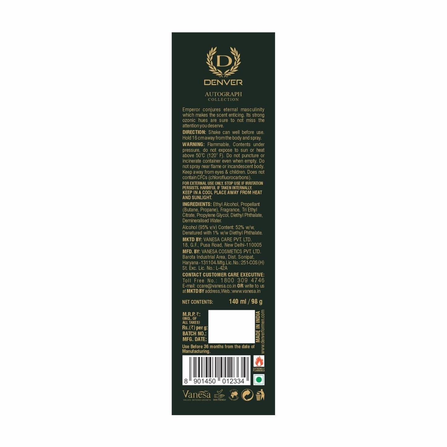 Denver Srk Emperor Deodorant Autograph Collection Deodorant Spray - For Men (140ML) Luxury Long Lasting Deo Body Spray
