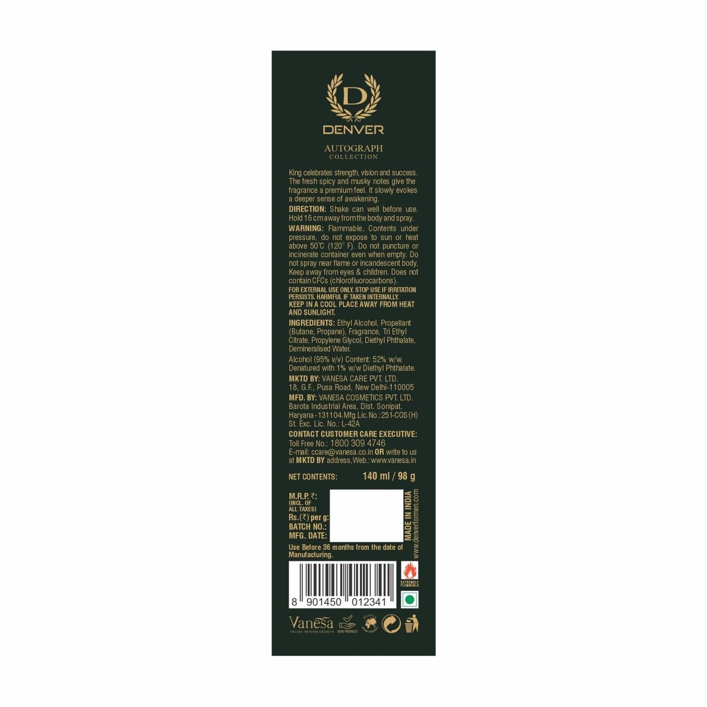 Denver SRK King Deodorant Autograph Collection - (140ML) Long Lasting Luxury Deo Spray - For Men