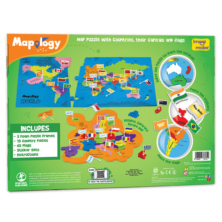 Imagimake Mapology World Flags & Capitals Jigsaw Puzzle |75 Multi-Colored Country-Shaped Pieces | Birthday Gift for Boys and Girls| Educational Toys for Kids 5 Years | World Map Puzzle
