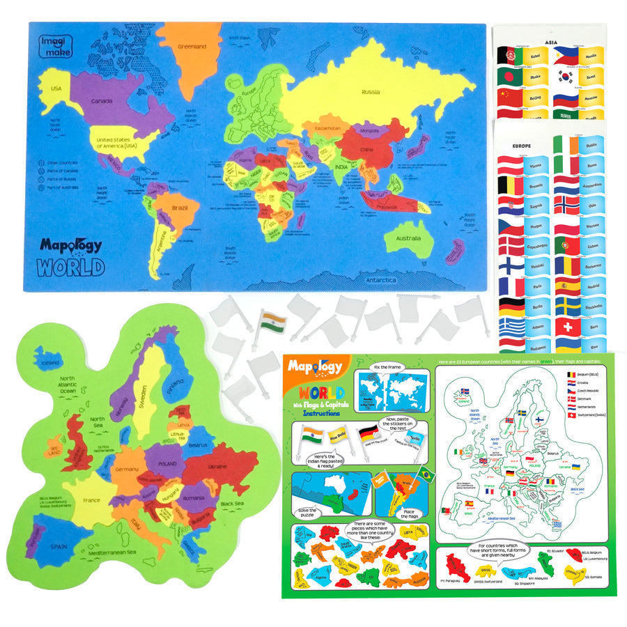 Imagimake Mapology World Flags & Capitals Jigsaw Puzzle |75 Multi-Colored Country-Shaped Pieces | Birthday Gift for Boys and Girls| Educational Toys for Kids 5 Years | World Map Puzzle
