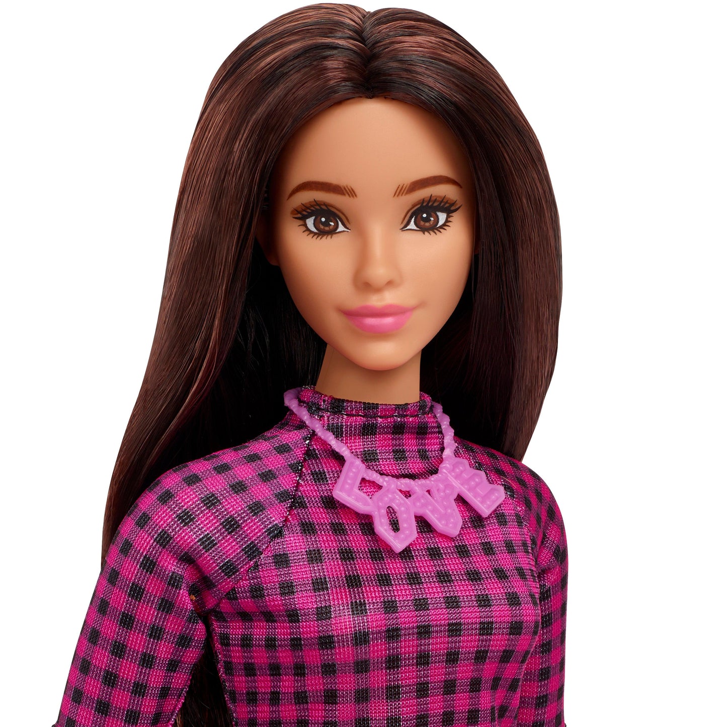 Barbie Fashionistas Doll #188, Curvy, Black Hair, Pink & Black Checkered Dress, Love Necklace, Pink Sneakers, Toy for Kids Ages 3 and Up