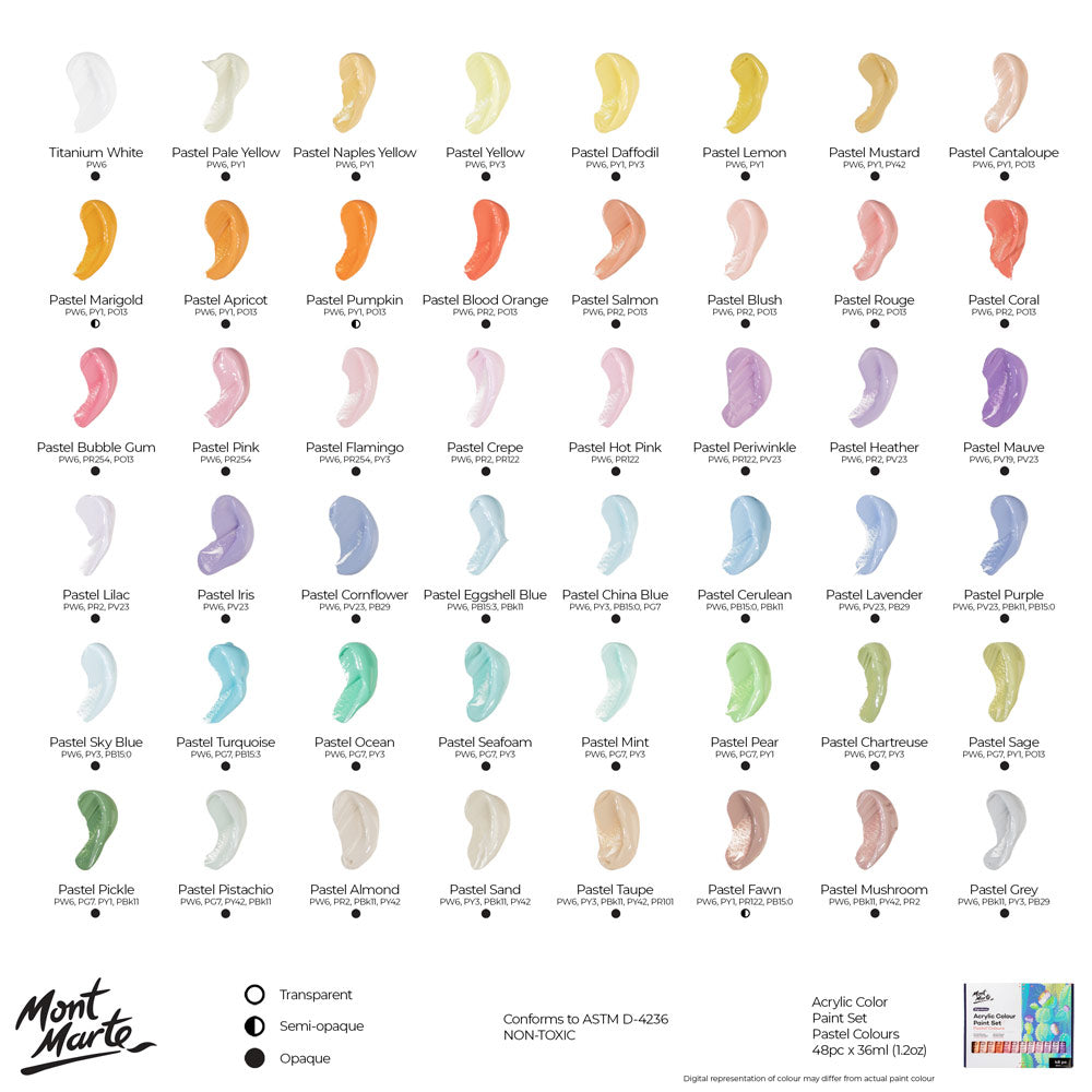 Mont Marte Acrylic Colour Pastel Paint Set Signature 48pc x 36ml