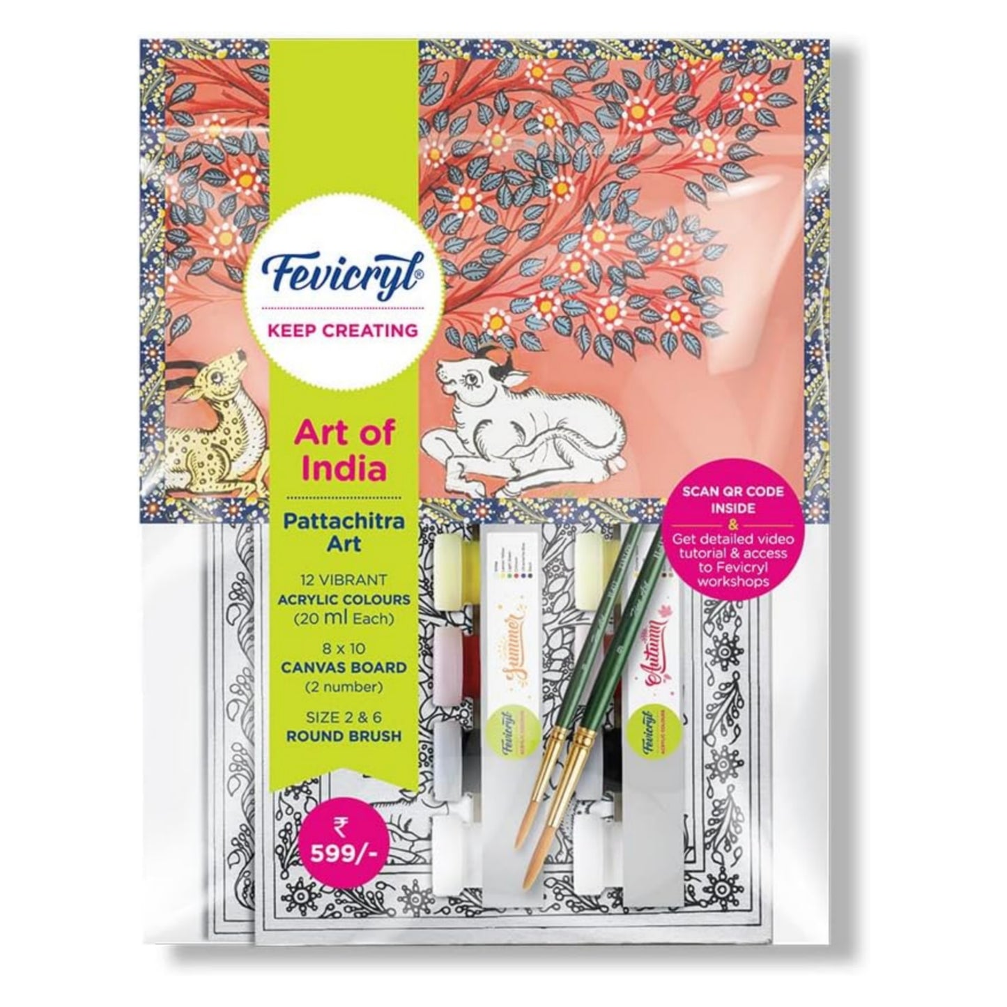 Pidilite Fevicryl DIY Self Painting Art of India Kit - Gond Art | Acrylic Paints 12 shades x 20ml Each, Set of Round Brushes (2U), Pre-Designed Canvas Board 8''x 10'' | Art and Craft for Artists, Students, Children | Best Gift for Artists