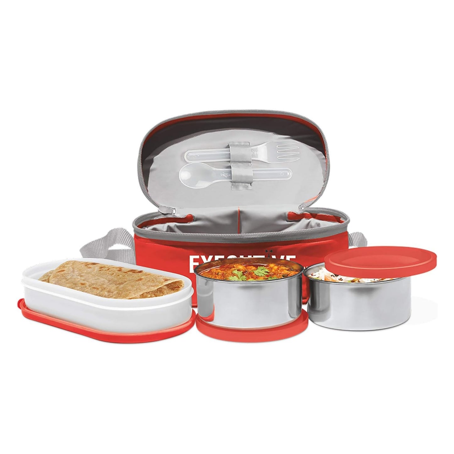Milton Executive Lunch Insulated Tiffin, 2 Round Containers, 280 ml Each, 1 Oval Container, 450 ml, Red| Microwave Safe | Easy to Carry | Leak Proof | Insulated Tiffin | Hot Food