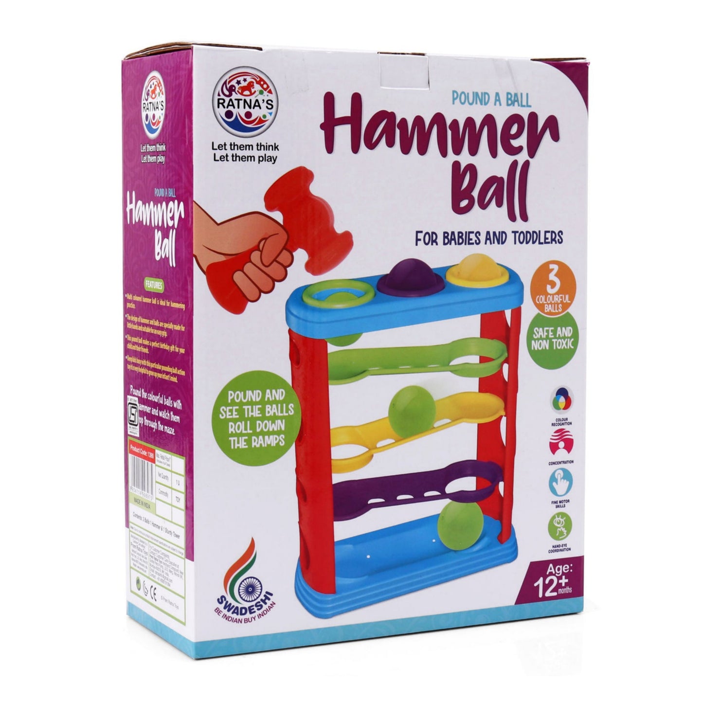 Ratna's Hammer Ball Knock Ball for Babies and Toddlers | Pound and See The Balls roll Down The ramps| Safe and Non Toxic for Infants