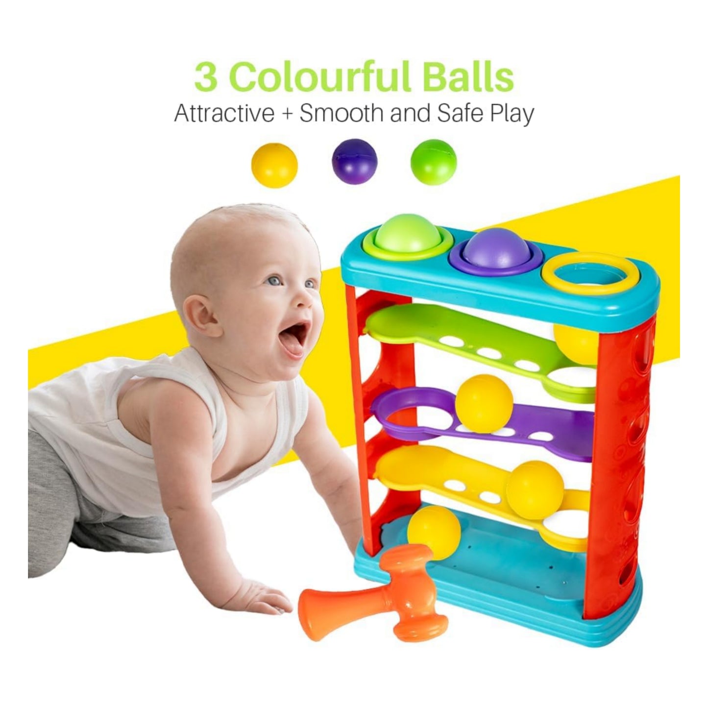 Ratna's Hammer Ball Knock Ball for Babies and Toddlers | Pound and See The Balls roll Down The ramps| Safe and Non Toxic for Infants
