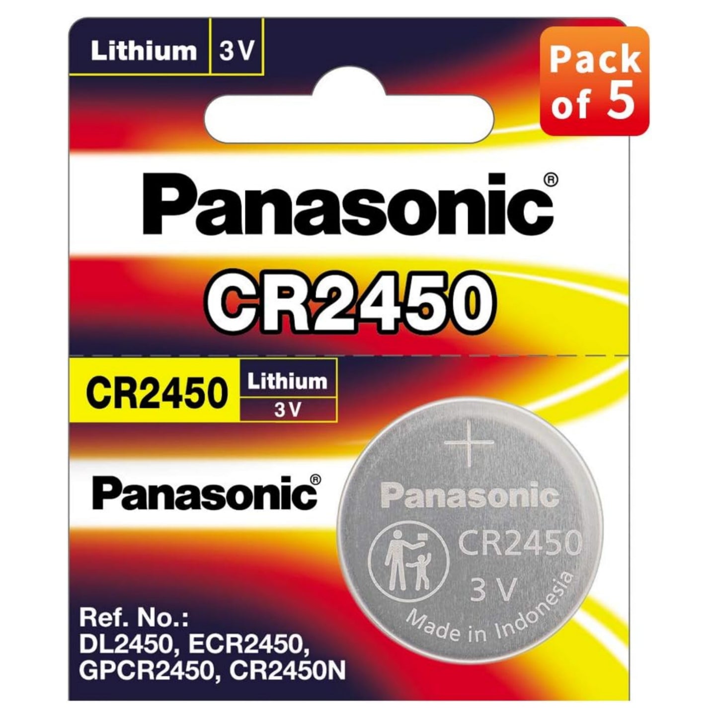 Panasonic CR-2450 Lithium Coin Battery 3v - Pack of 5 Provide Long Lasting Power in a Variety of Devices,from keyless-Entry fobs to Toys